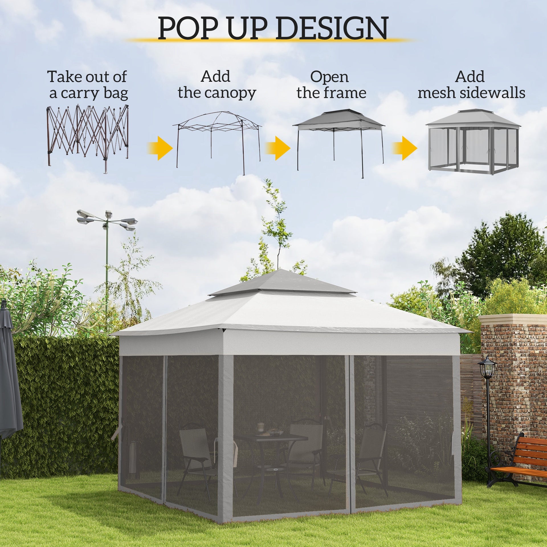 Outsunny 11x11 Canopy Gazebo, Portable Outdoor Patio Shelter with Zipper Mesh Privacy Netting, Carry Bag Included, for Family Use, Light Gray