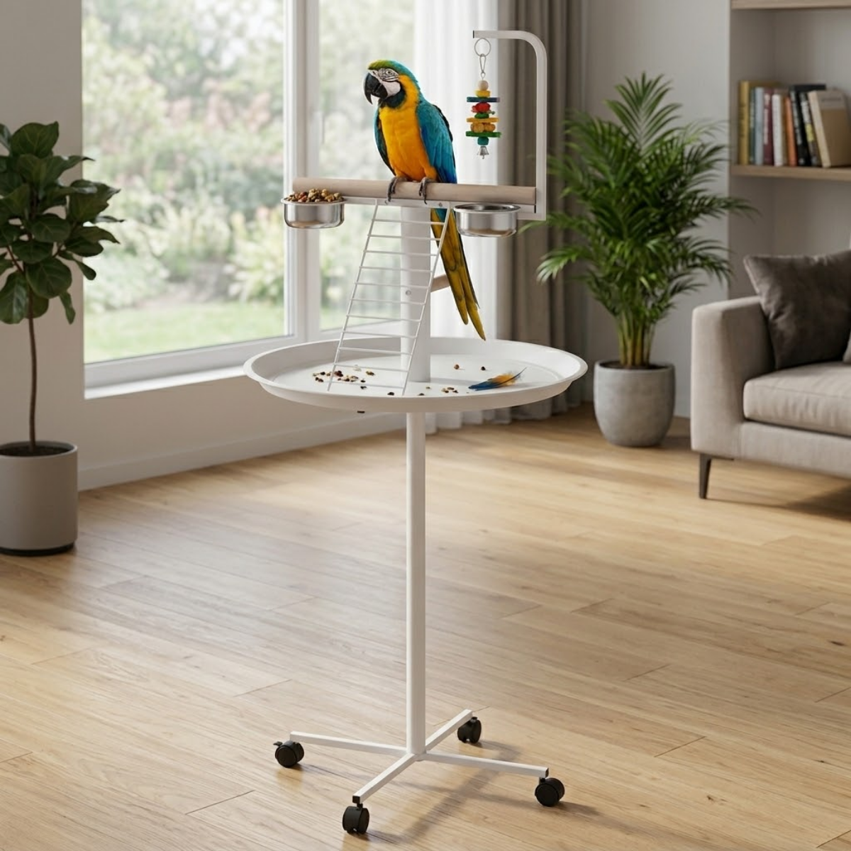 PawHut Bird Stand with Wheels, Perches, Feed Bowls, Round Tray for Parrot
