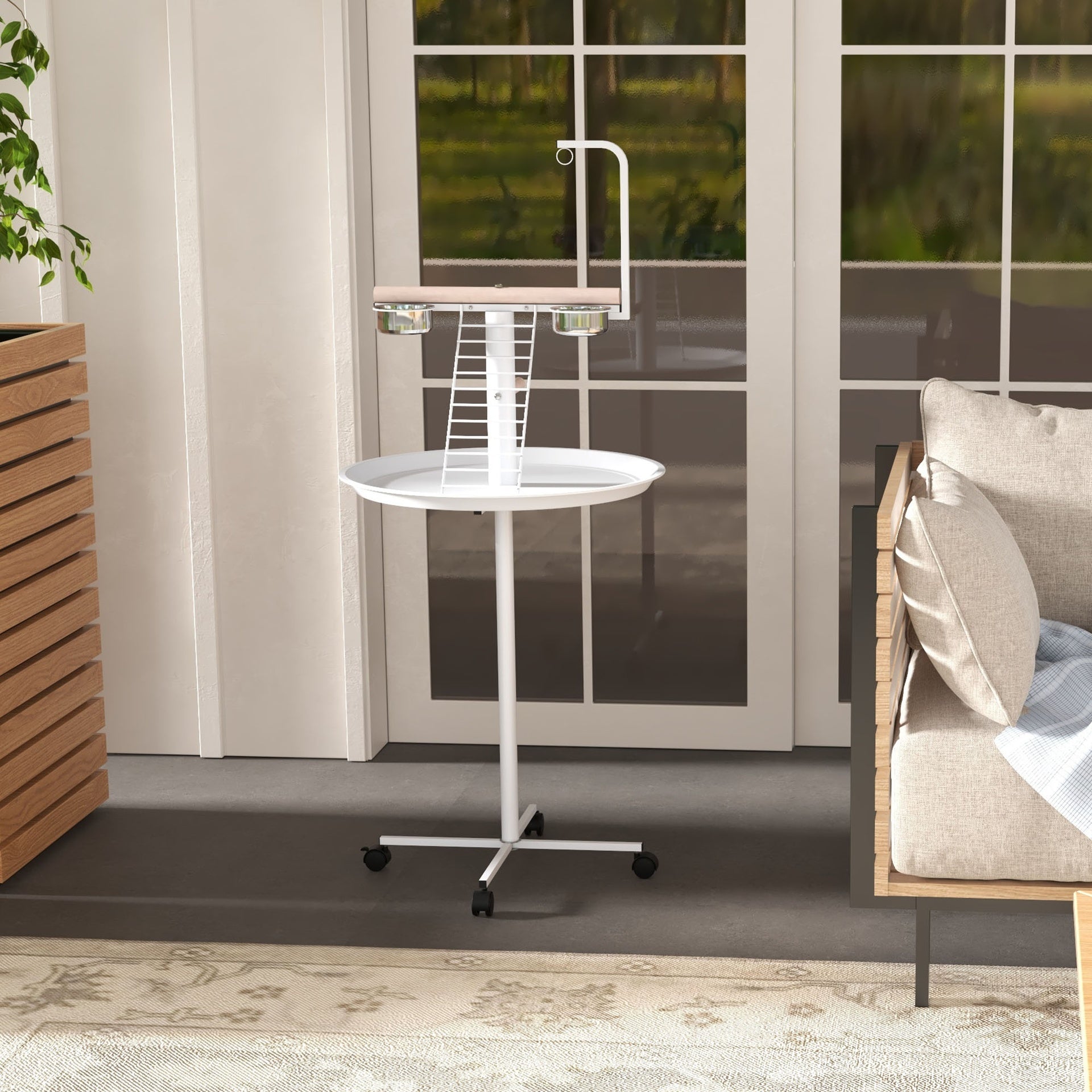 PawHut Bird Stand with Wheels, Perches, Feed Bowls, Round Tray for Parrot