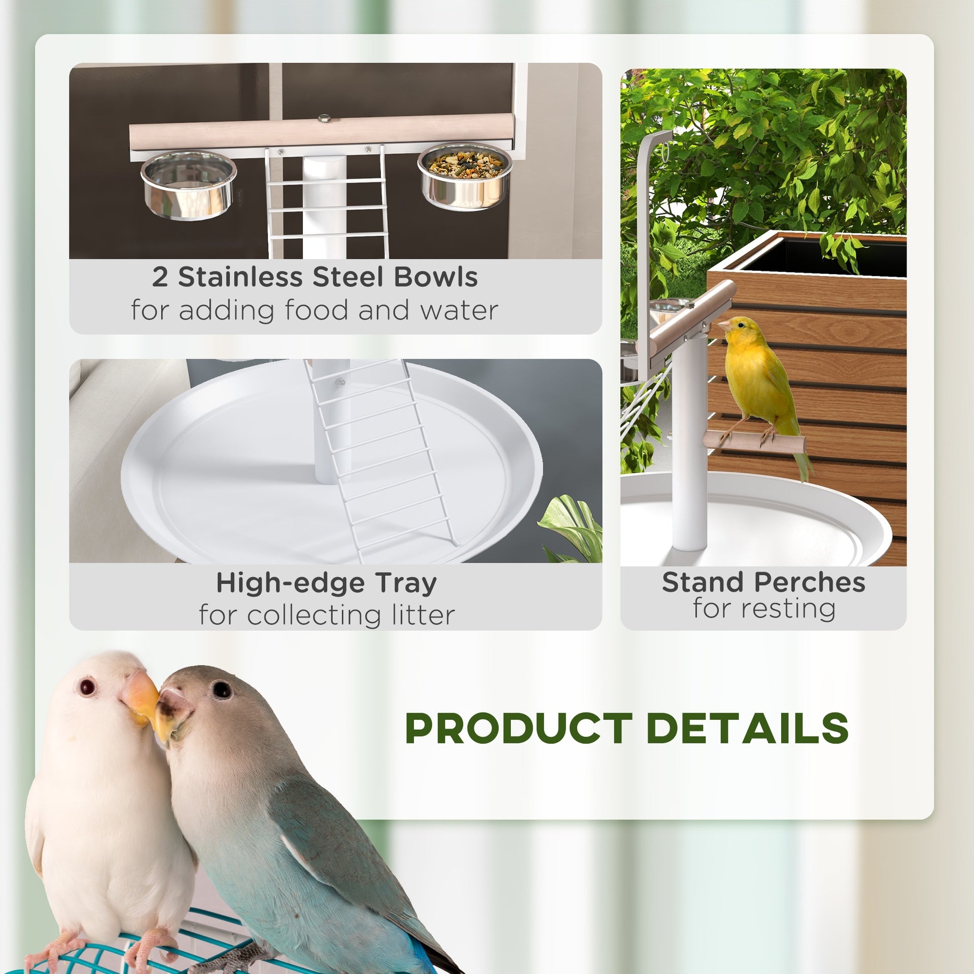 PawHut Bird Stand with Wheels, Perches, Feed Bowls, Round Tray for Parrot