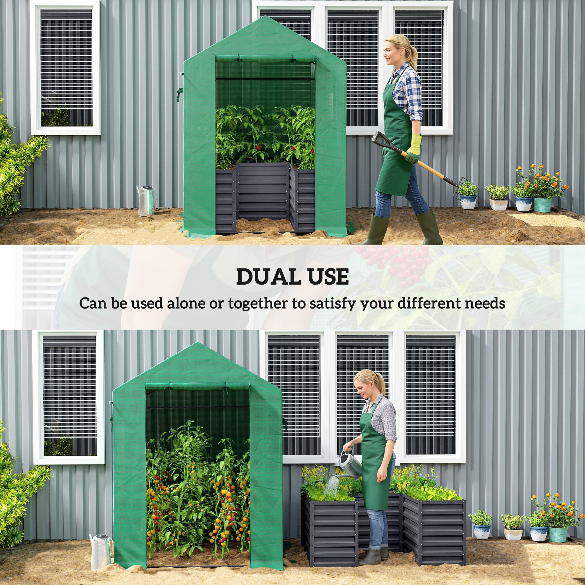 Outsunny Greenhouse with Raised Garden Bed, Galvanized Steel Outdoor Greenhouse with Roll Up Door, 56" x 56" x 75", Dark Gray