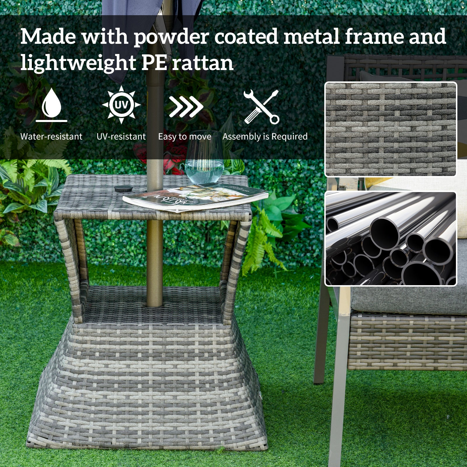 Outsunny Outdoor Side Table with Umbrella Hole, 2 Tier Rattan Wicker End Table with Storage Shelf, All Weather for Patio, Garden, Backyard, Mixed Gray