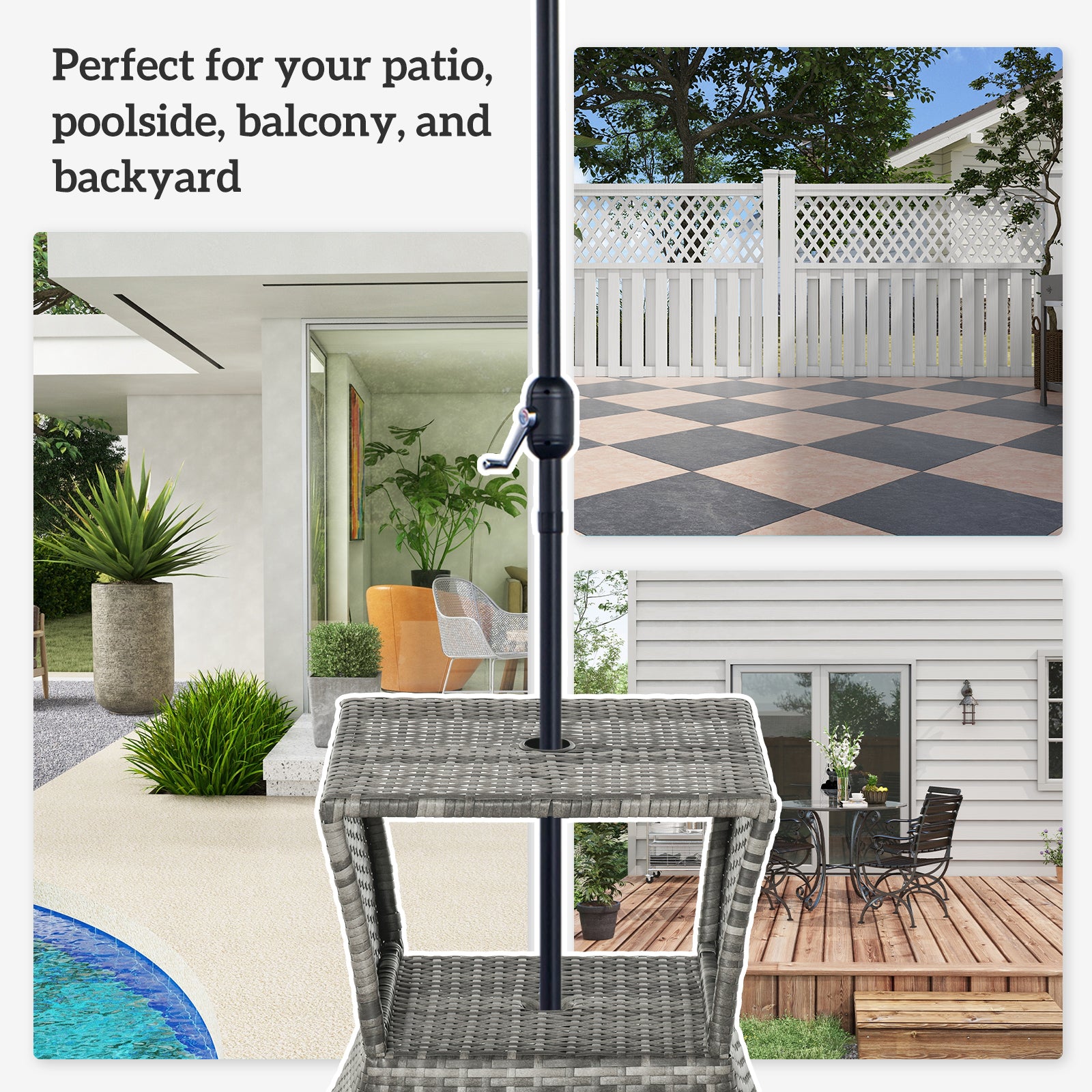 Outsunny Outdoor Side Table with Umbrella Hole, 2 Tier Rattan Wicker End Table with Storage Shelf, All Weather for Patio, Garden, Backyard, Mixed Gray