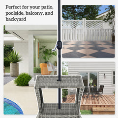 Outsunny Outdoor Side Table with Umbrella Hole, 2 Tier Rattan Wicker End Table with Storage Shelf, All Weather for Patio, Garden, Backyard, Mixed Gray