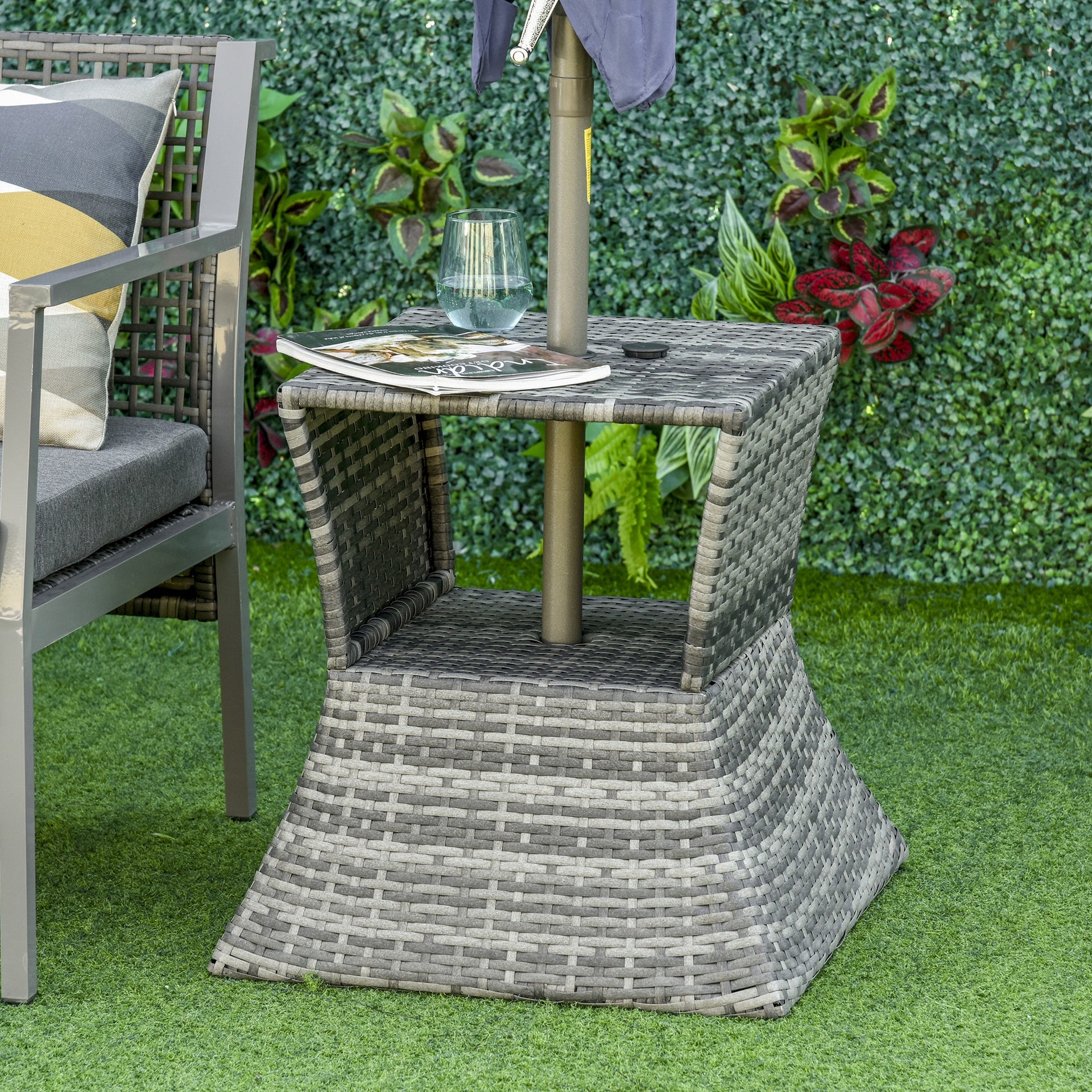Outsunny Outdoor Side Table with Umbrella Hole, 2 Tier Rattan Wicker End Table with Storage Shelf, All Weather for Patio, Garden, Backyard, Mixed Gray