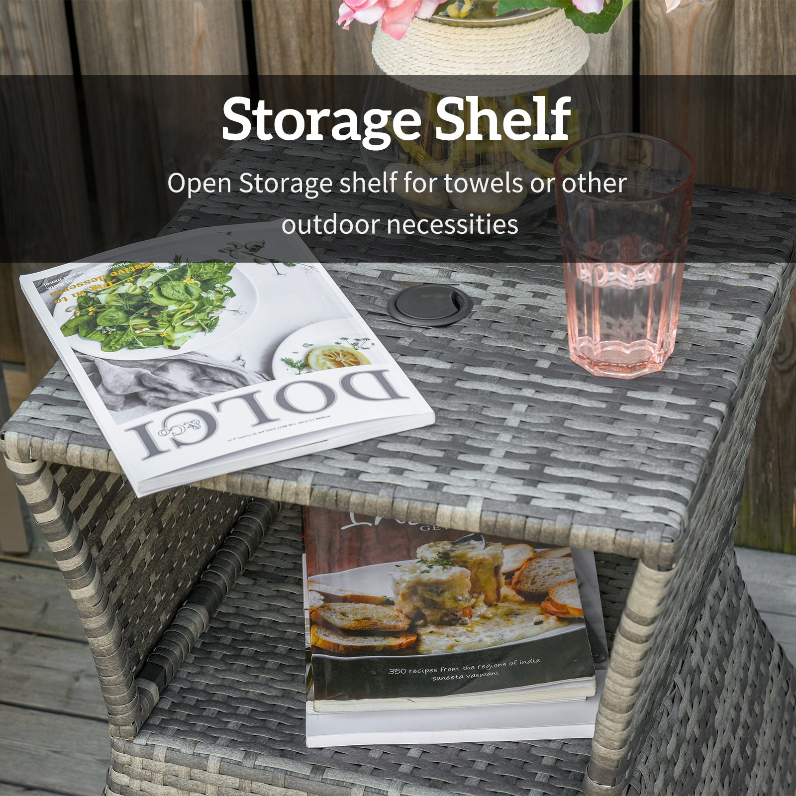 Outsunny Outdoor Side Table with Umbrella Hole, 2 Tier Rattan Wicker End Table with Storage Shelf, All Weather for Patio, Garden, Backyard, Mixed Gray