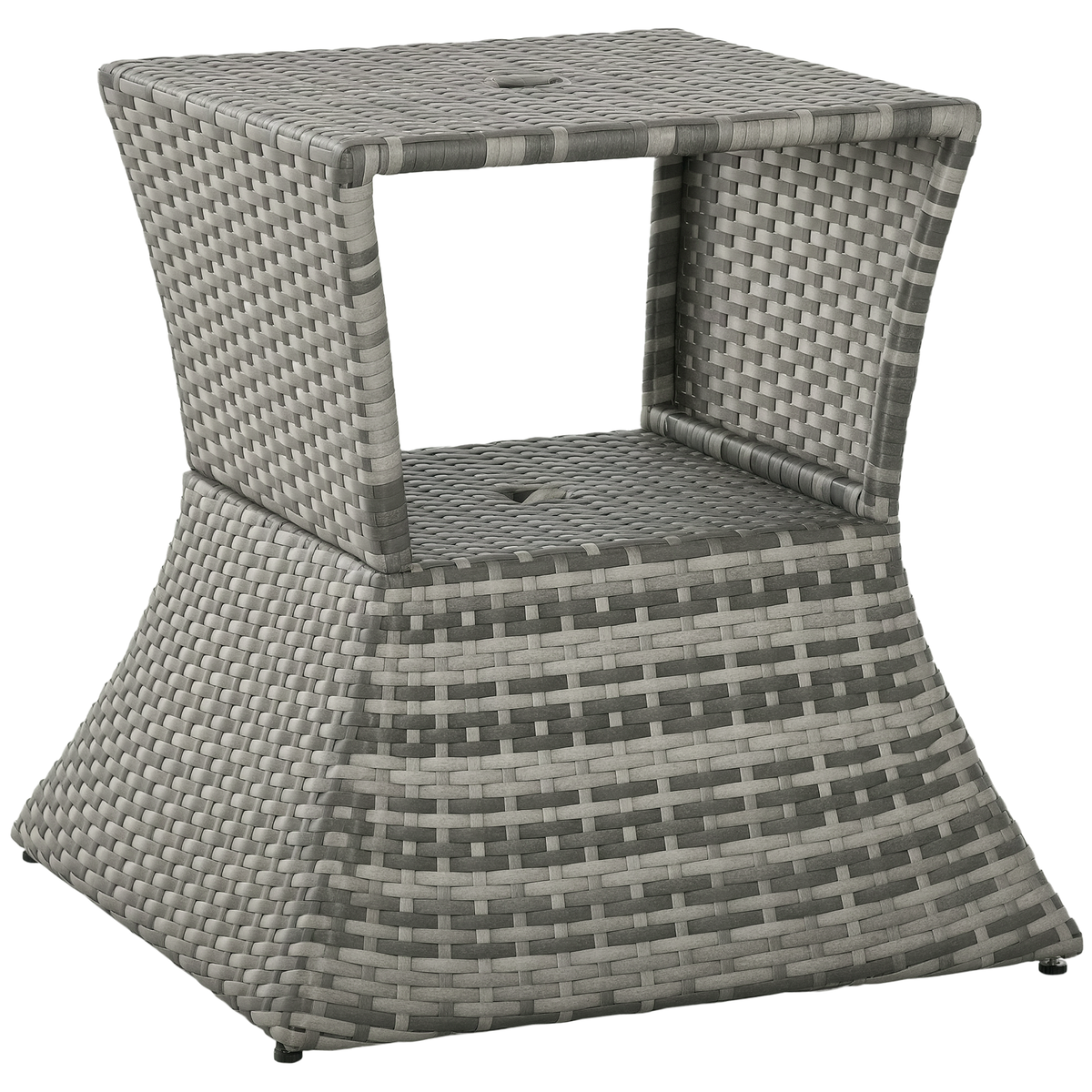 Outsunny Outdoor Side Table with Umbrella Hole, 2 Tier Rattan Wicker End Table with Storage Shelf, All Weather for Patio, Garden, Backyard, Mixed Gray