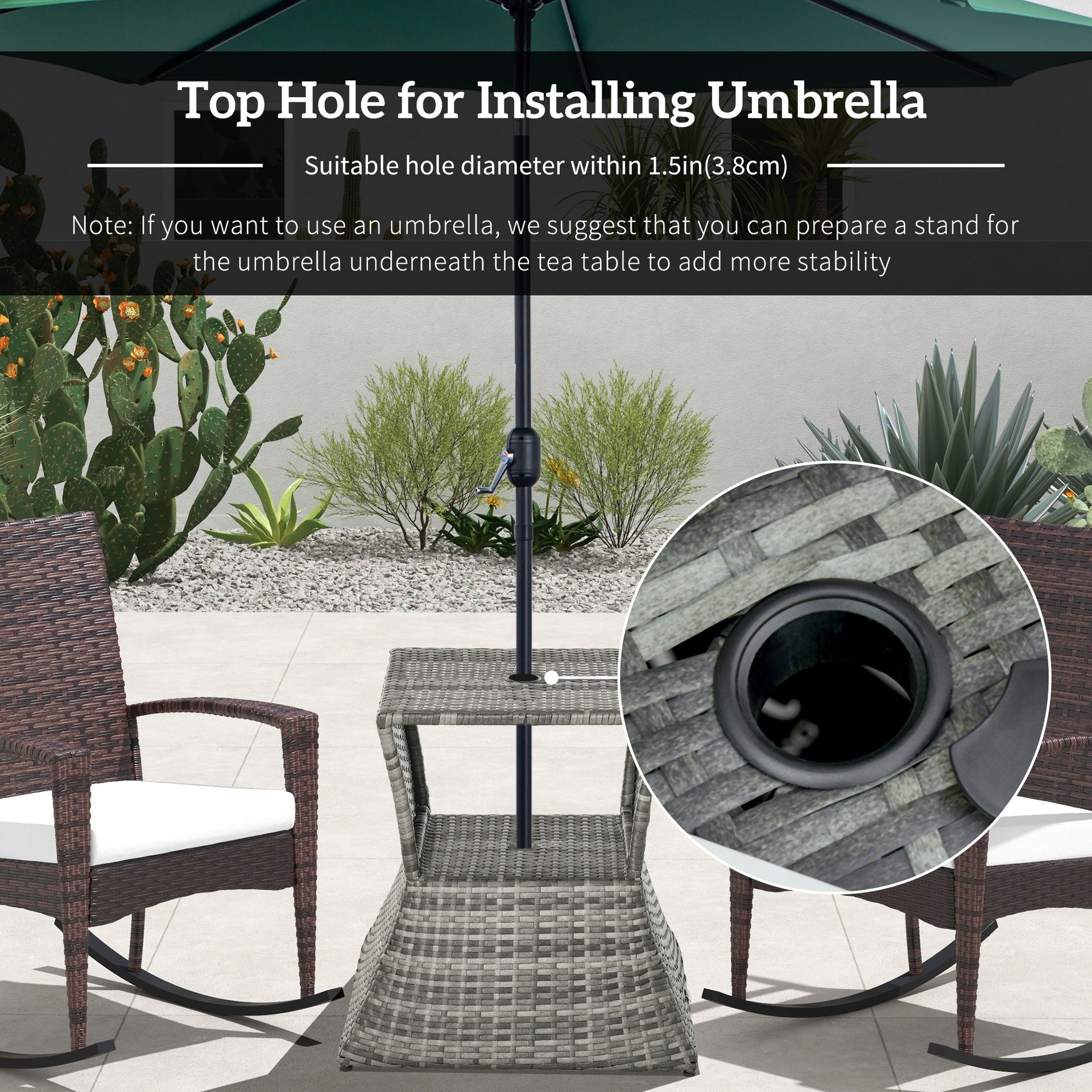 Outsunny Outdoor Side Table with Umbrella Hole, 2 Tier Rattan Wicker End Table with Storage Shelf, All Weather for Patio, Garden, Backyard, Mixed Gray