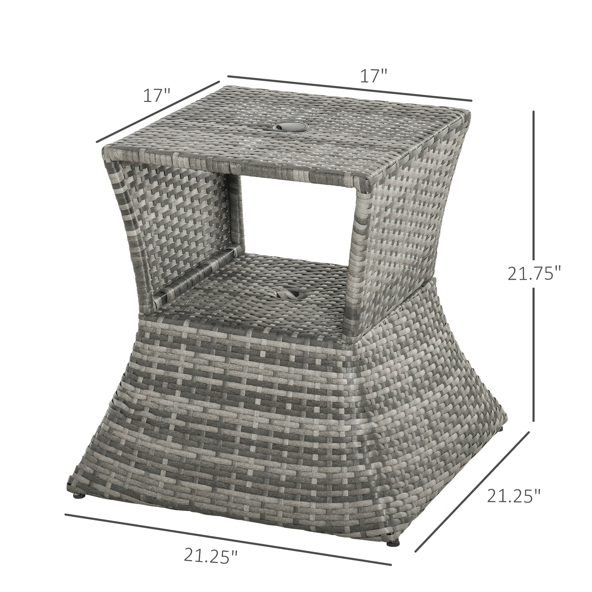 Outsunny Outdoor Side Table with Umbrella Hole, 2 Tier Rattan Wicker End Table with Storage Shelf, All Weather for Patio, Garden, Backyard, Mixed Gray