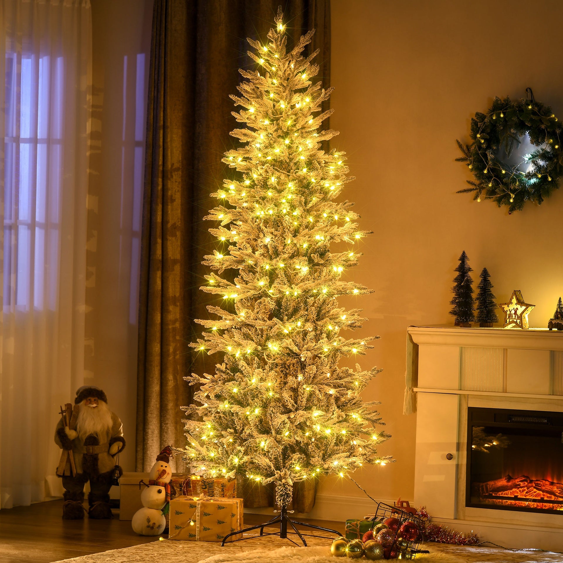 HOMCOM 7.5' Pre Lit Artificial Flocked Christmas Trees, with Snow Branches, Warm Yellow Clear Lights, Auto Open, Extra Bulb