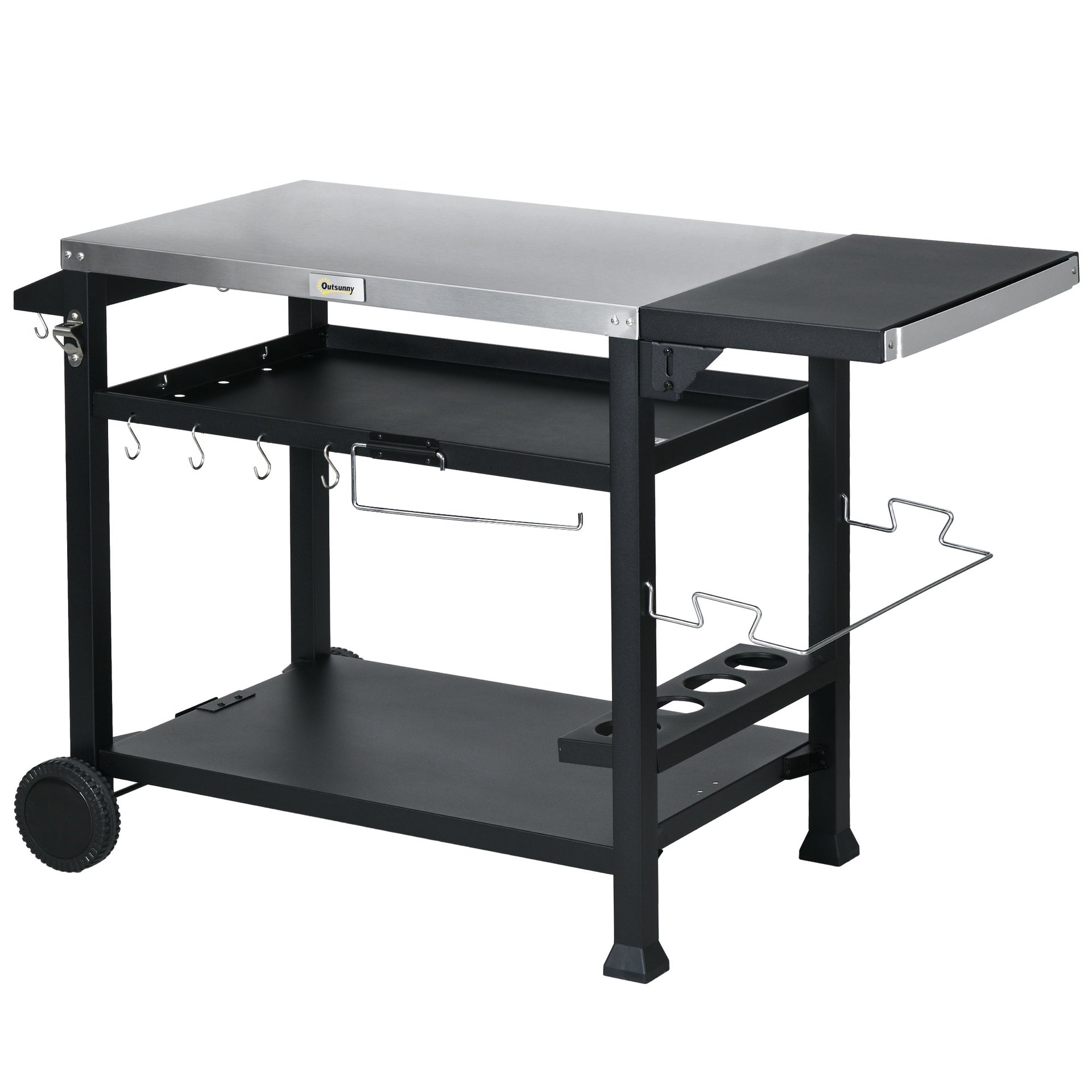 Outsunny 3-Shelf Outdoor Grill Cart Table with Foldable Side Table, Stainless Steel Pizza Oven Stand on Wheels, Black