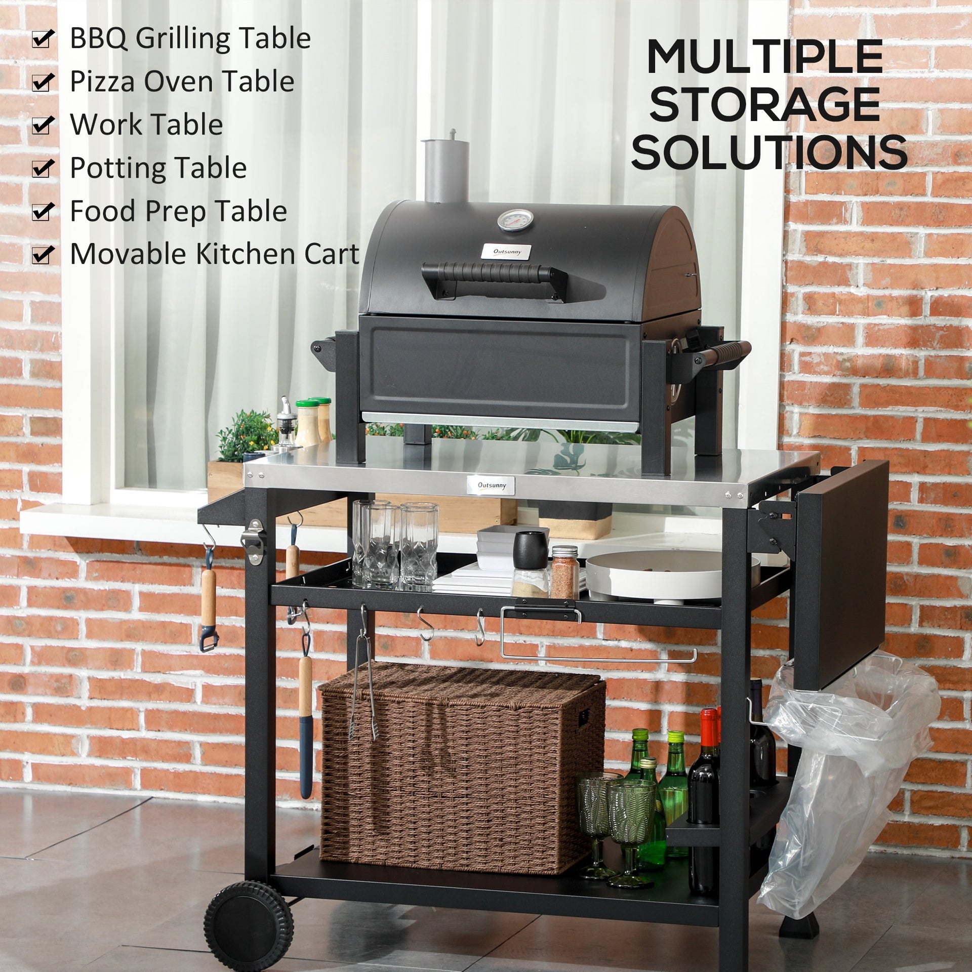 Outsunny 3-Shelf Outdoor Grill Cart Table with Foldable Side Table, Stainless Steel Pizza Oven Stand on Wheels, Black