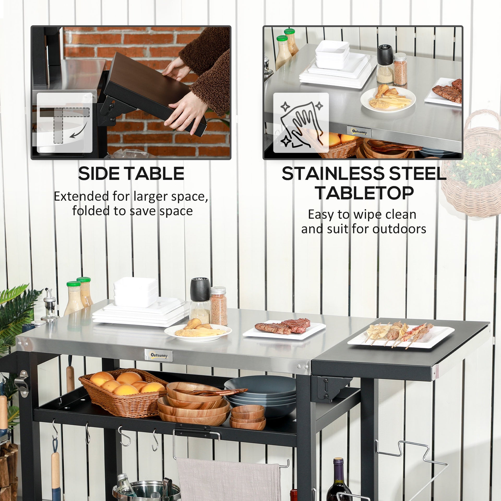 Outsunny 3-Shelf Outdoor Grill Cart Table with Foldable Side Table, Stainless Steel Pizza Oven Stand on Wheels, Black