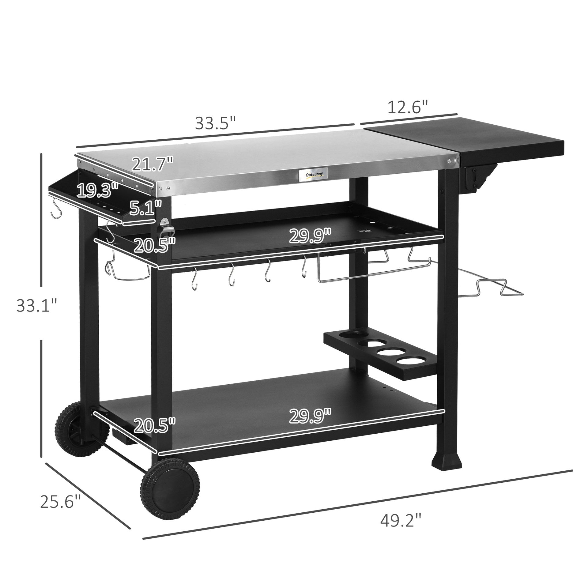 Outsunny 3-Shelf Outdoor Grill Cart Table with Foldable Side Table, Stainless Steel Pizza Oven Stand on Wheels, Black