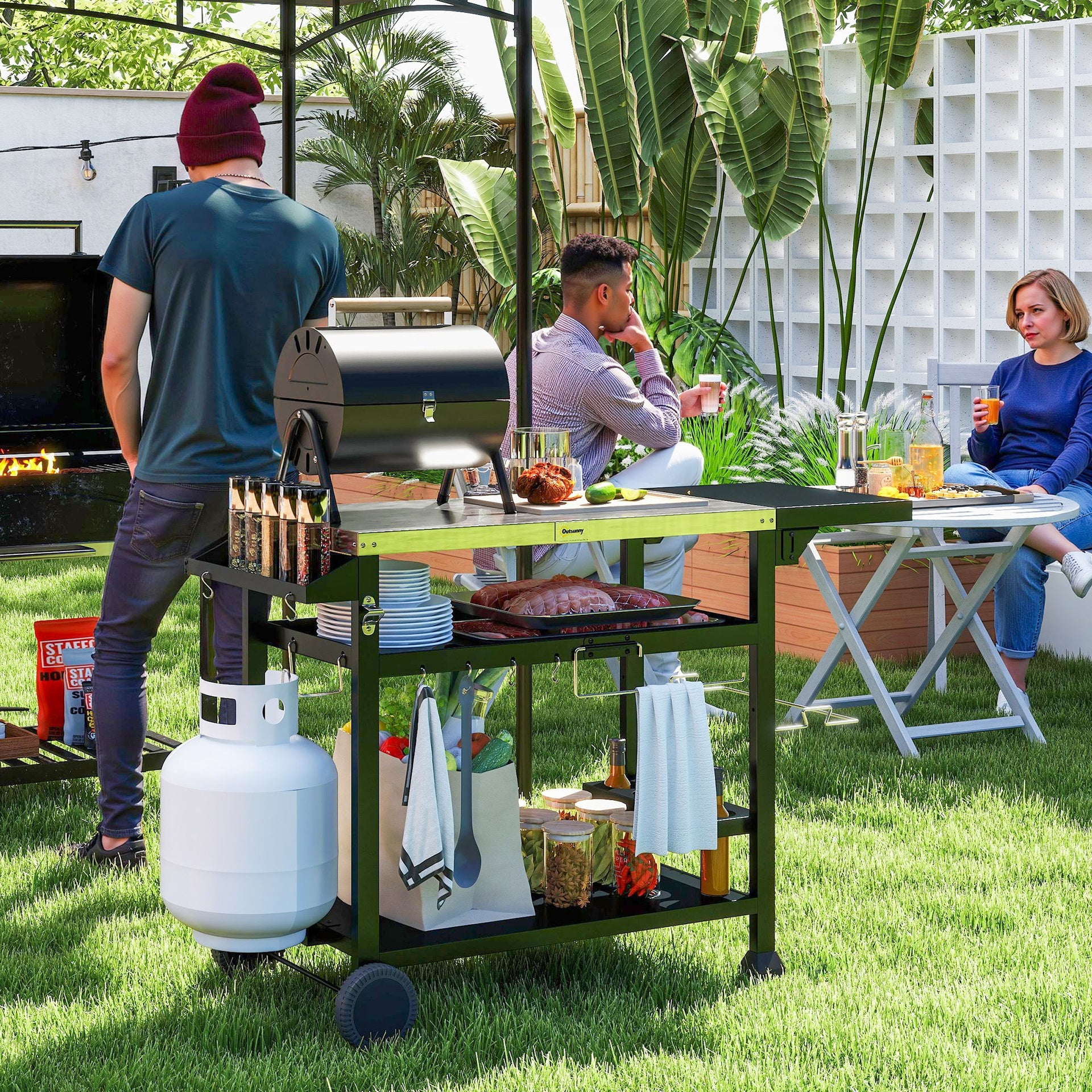 Outsunny 3-Shelf Outdoor Grill Cart Table with Foldable Side Table, Stainless Steel Pizza Oven Stand on Wheels, Black