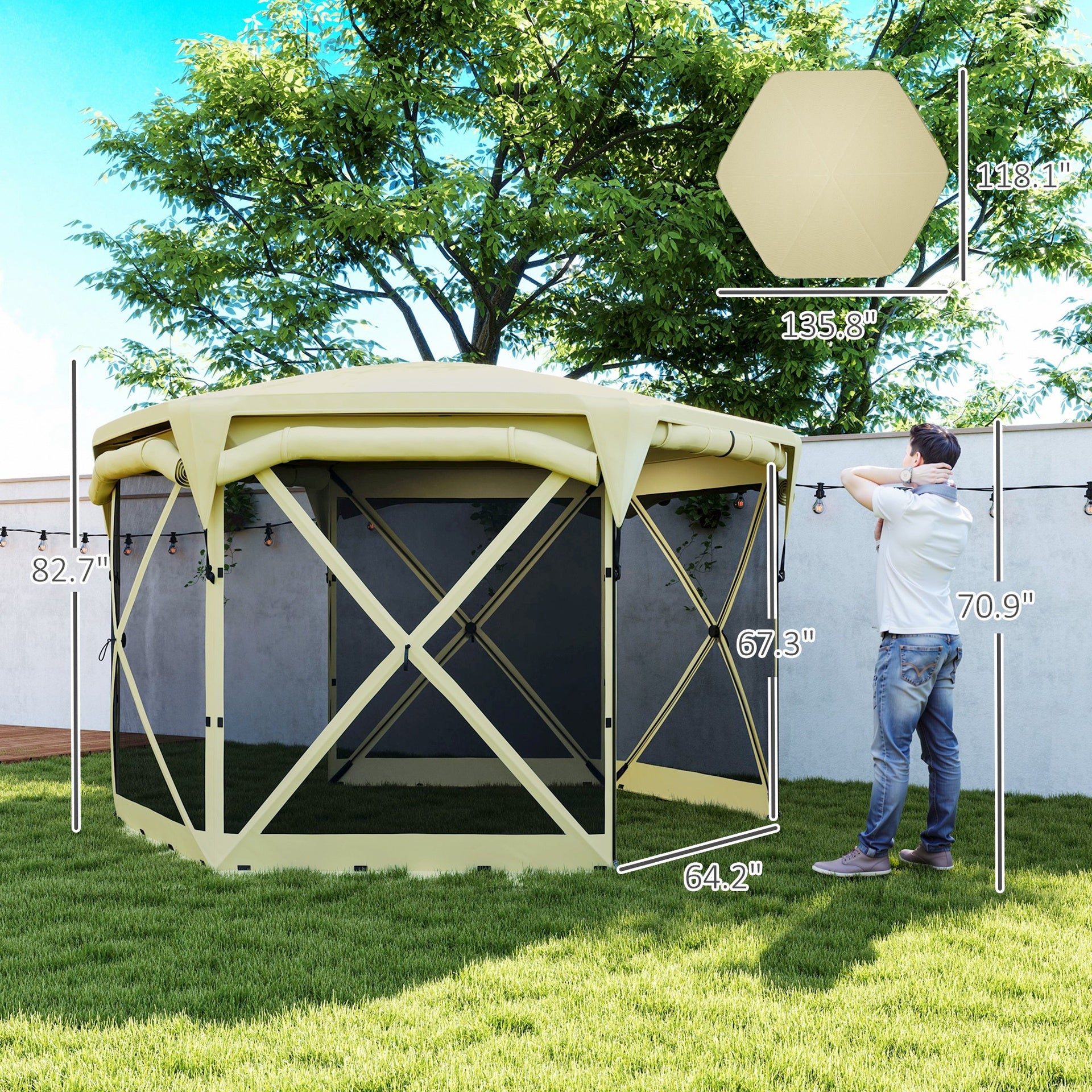 Outsunny 11 x 11ft Pop Up Gazebo Screen Tent with Removable Roof Cover, Roll-up Wind Panels for Camping, Backyard, Beige