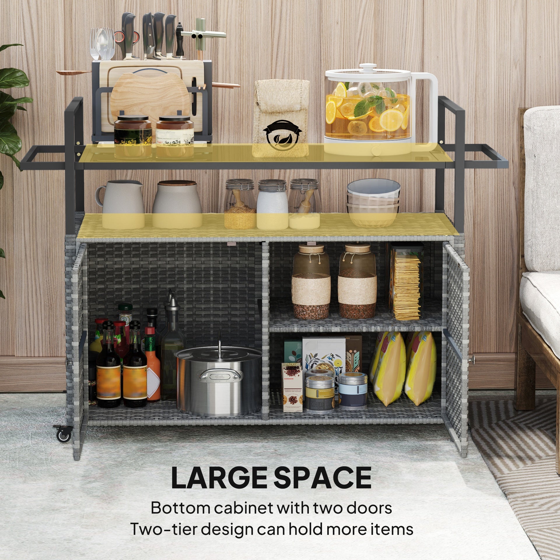 Outsunny 2-Tier Shelf PE Rattan Outdoor Bar Table, Glass Top Outdoor Serving Cart with Cabinet, Mixed Gray
