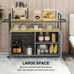Outsunny 2-Tier Shelf PE Rattan Outdoor Bar Table, Glass Top Outdoor Serving Cart with Cabinet, Mixed Gray