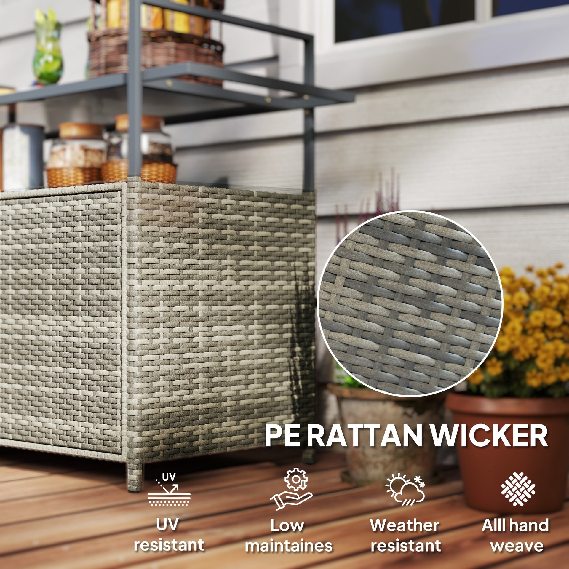 Outsunny 2-Tier Shelf PE Rattan Outdoor Bar Table, Glass Top Outdoor Serving Cart with Cabinet, Mixed Gray