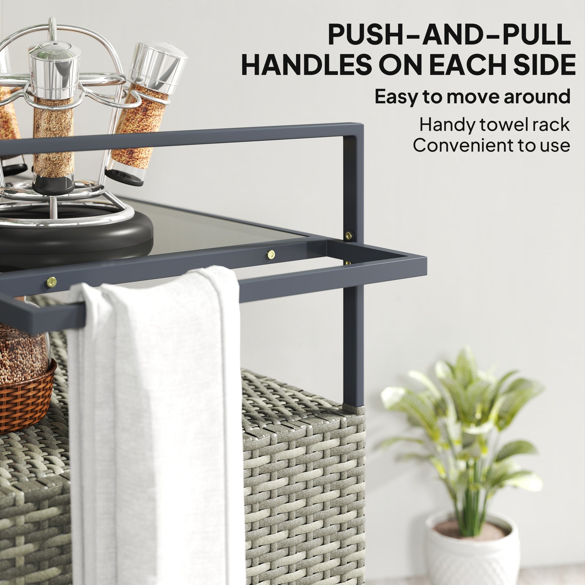 Outsunny 2-Tier Shelf PE Rattan Outdoor Bar Table, Glass Top Outdoor Serving Cart with Cabinet, Mixed Gray