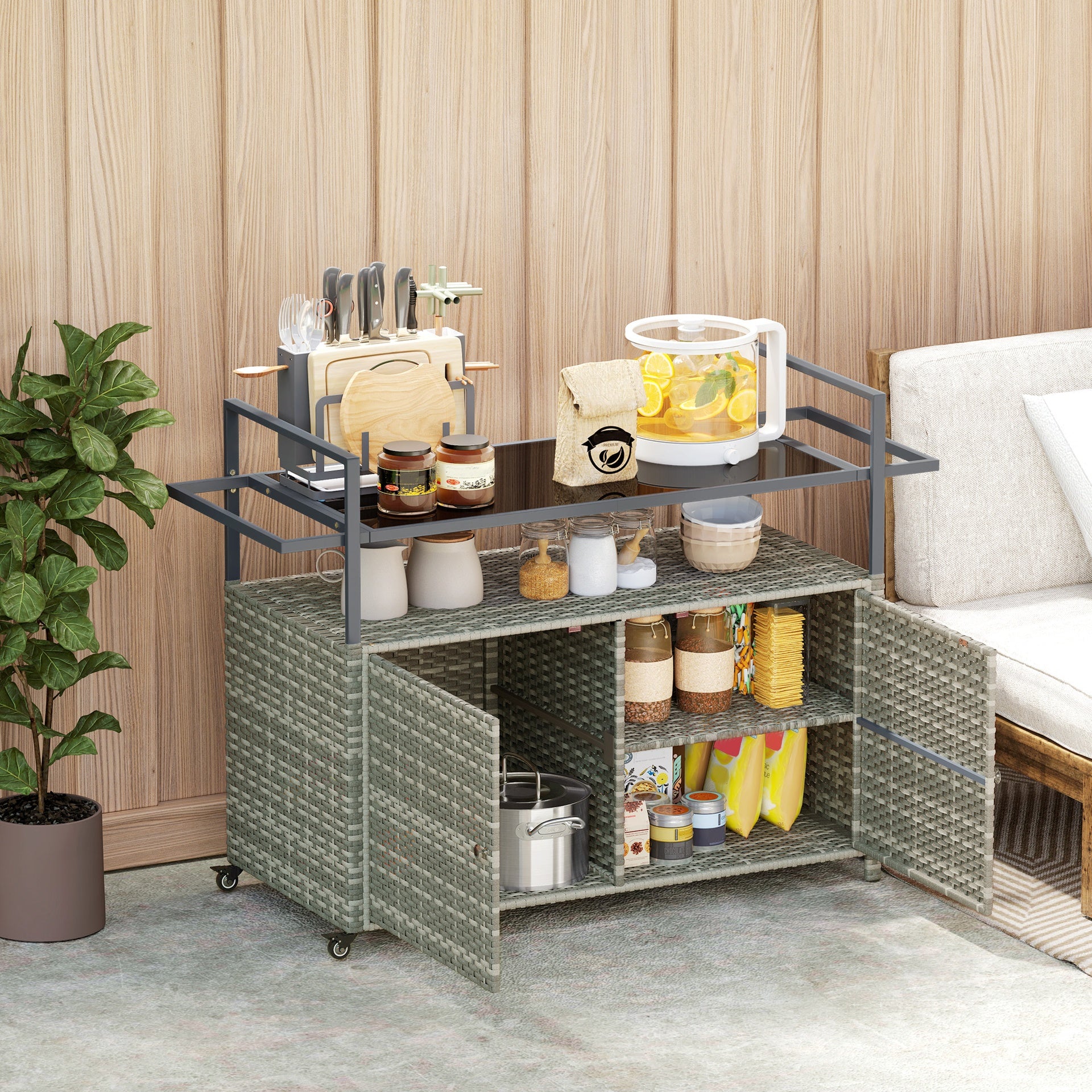 Outsunny 2-Tier Shelf PE Rattan Outdoor Bar Table, Glass Top Outdoor Serving Cart with Cabinet, Mixed Gray