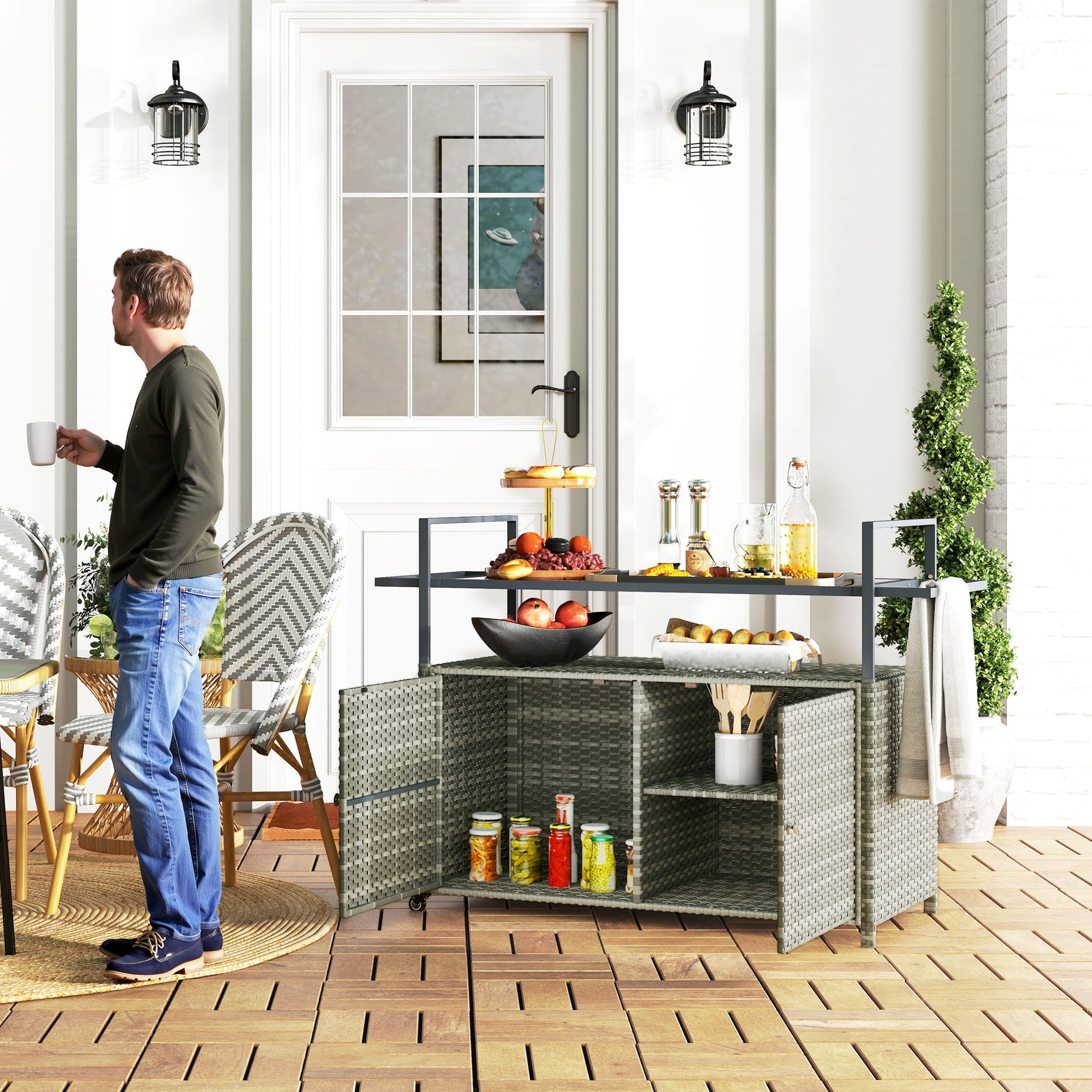 Outsunny 2-Tier Shelf PE Rattan Outdoor Bar Table, Glass Top Outdoor Serving Cart with Cabinet, Mixed Gray