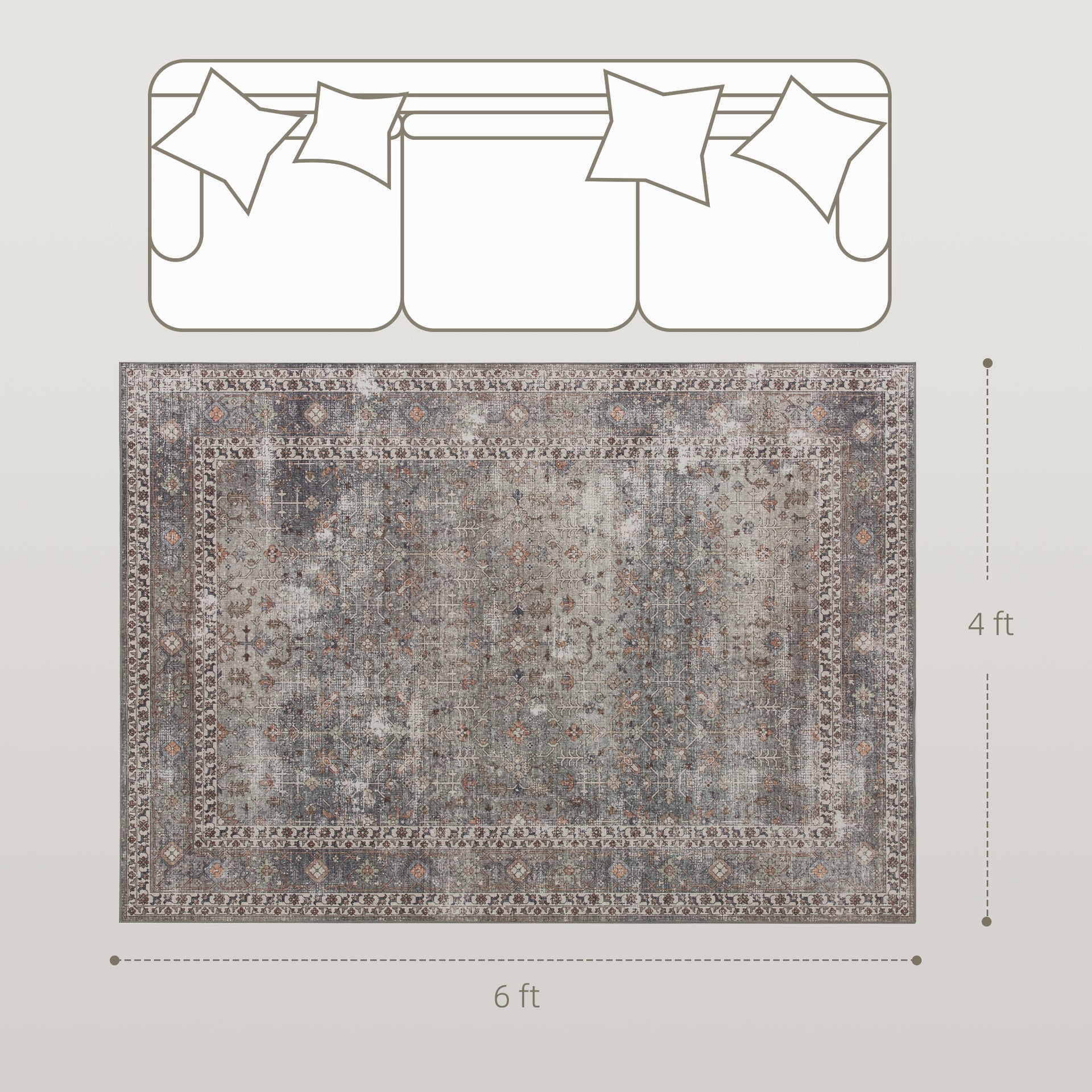 HOMCOM Machine Washable Area Rug 4x6, Non-Slip Traditional Floor Cover Foldable Carpet for Living Room, Dark Mixed-Brown