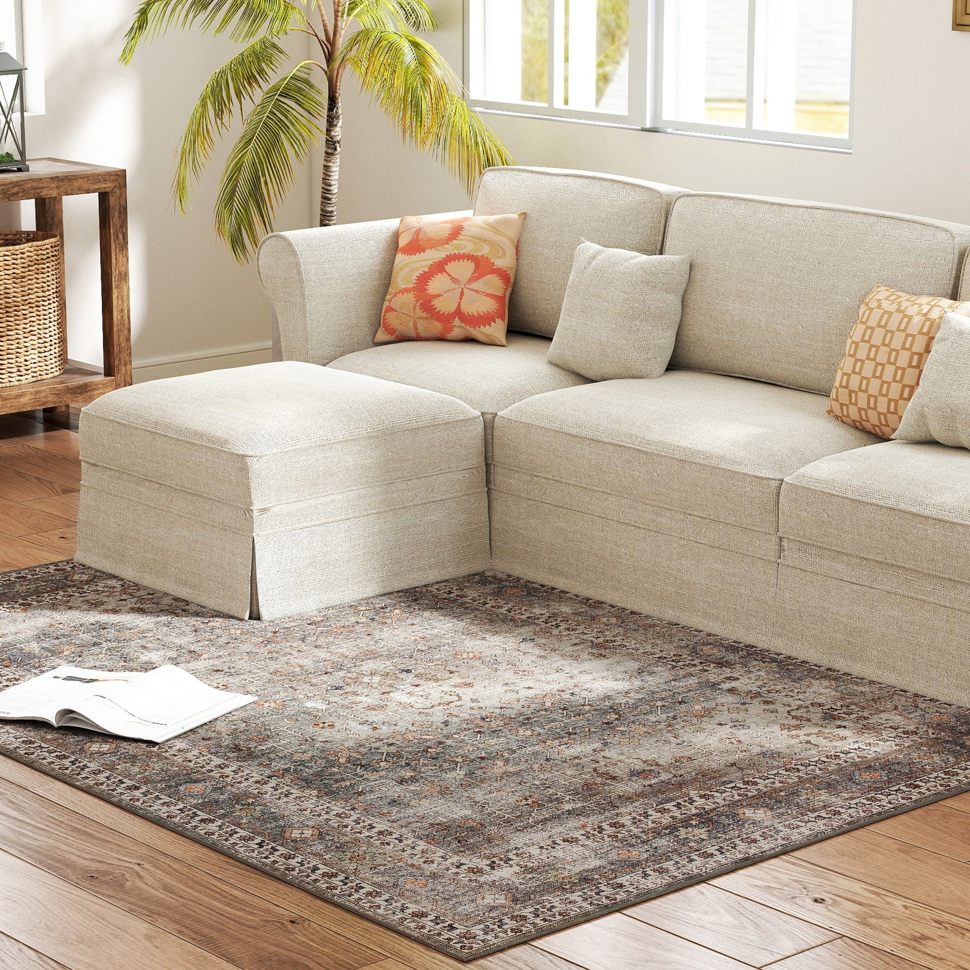 HOMCOM Machine Washable Area Rug 4x6, Non-Slip Traditional Floor Cover Foldable Carpet for Living Room, Dark Mixed-Brown