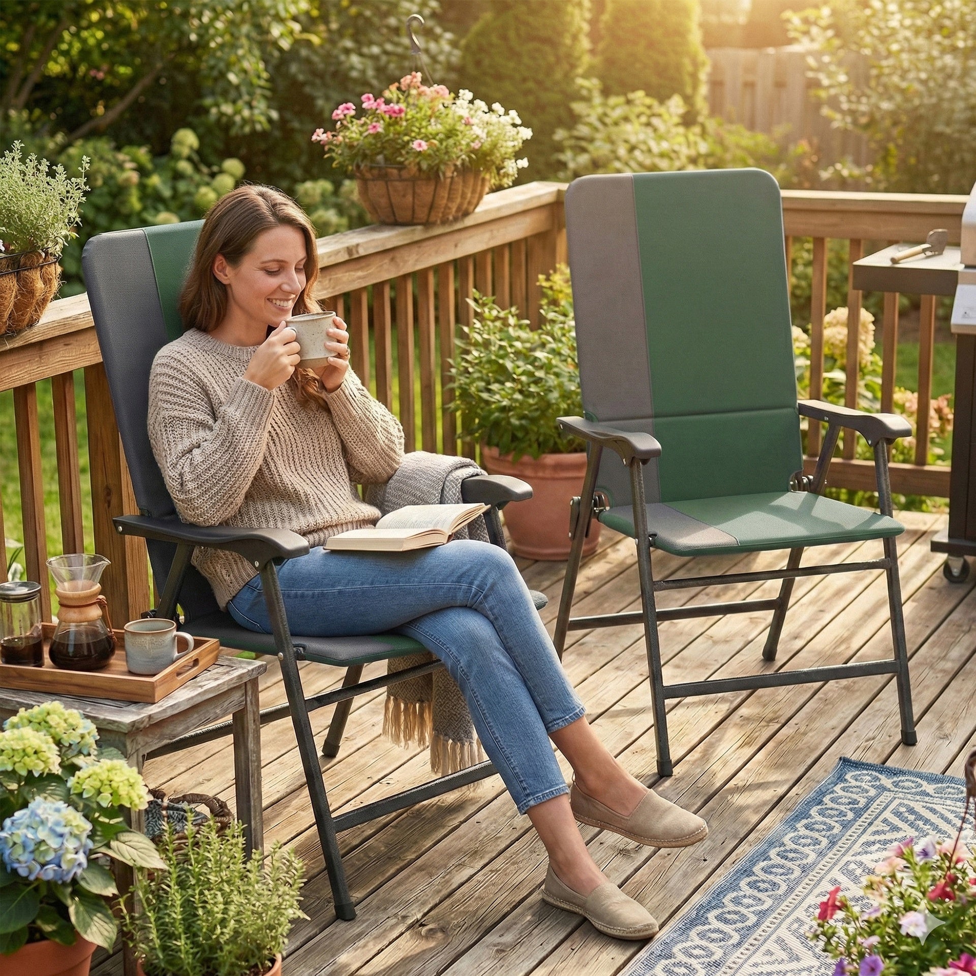 Outsunny Folding Patio Chairs Set of 2, Padded High Back Lawn Camping Chairs with Armrests, 600D Oxford Fabric, Dark Green