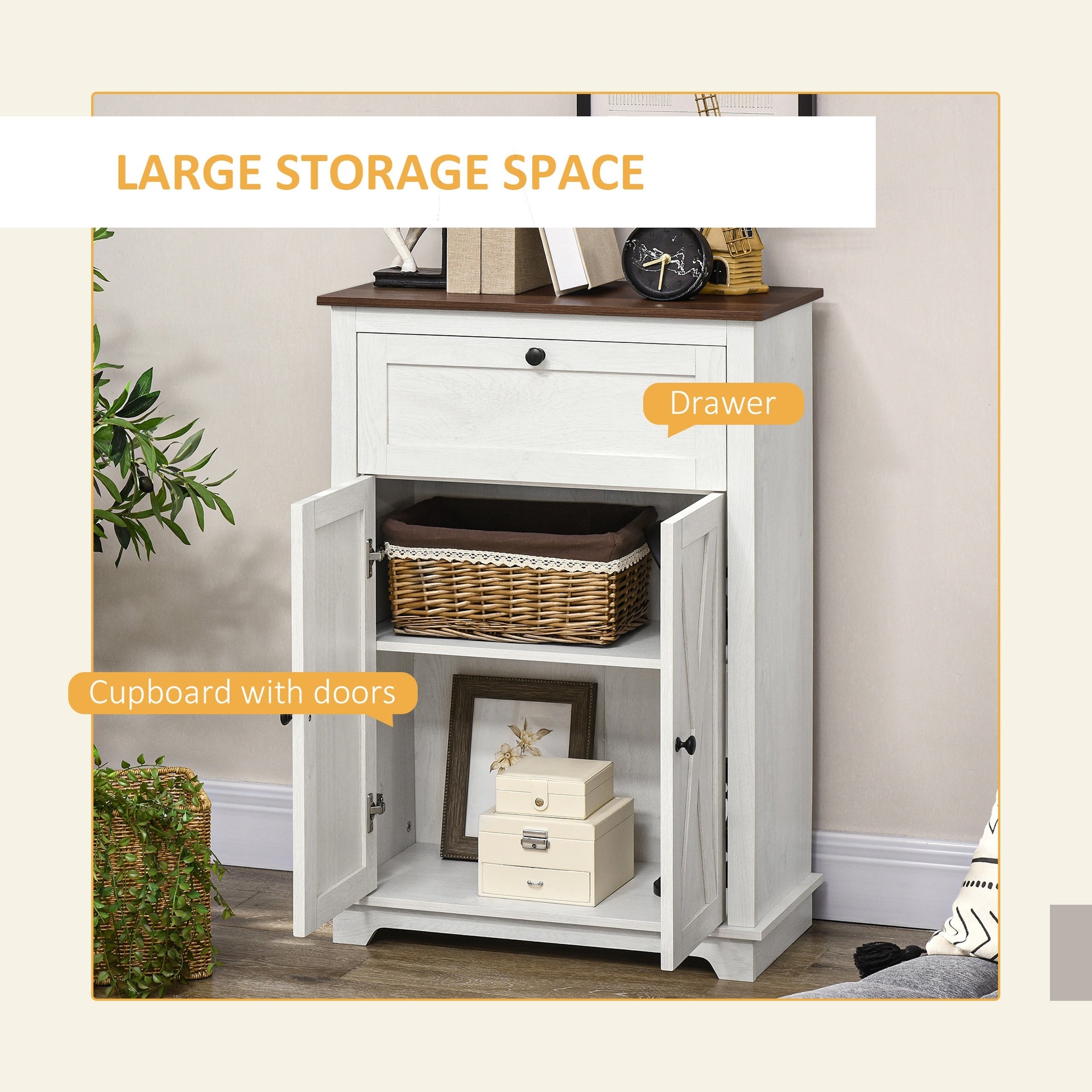 HOMCOM Farmhouse Sideboard Storage Cabinet with Doors and Drawer for Kitchen, Living room, 23.5"x11.75"x34.5", White