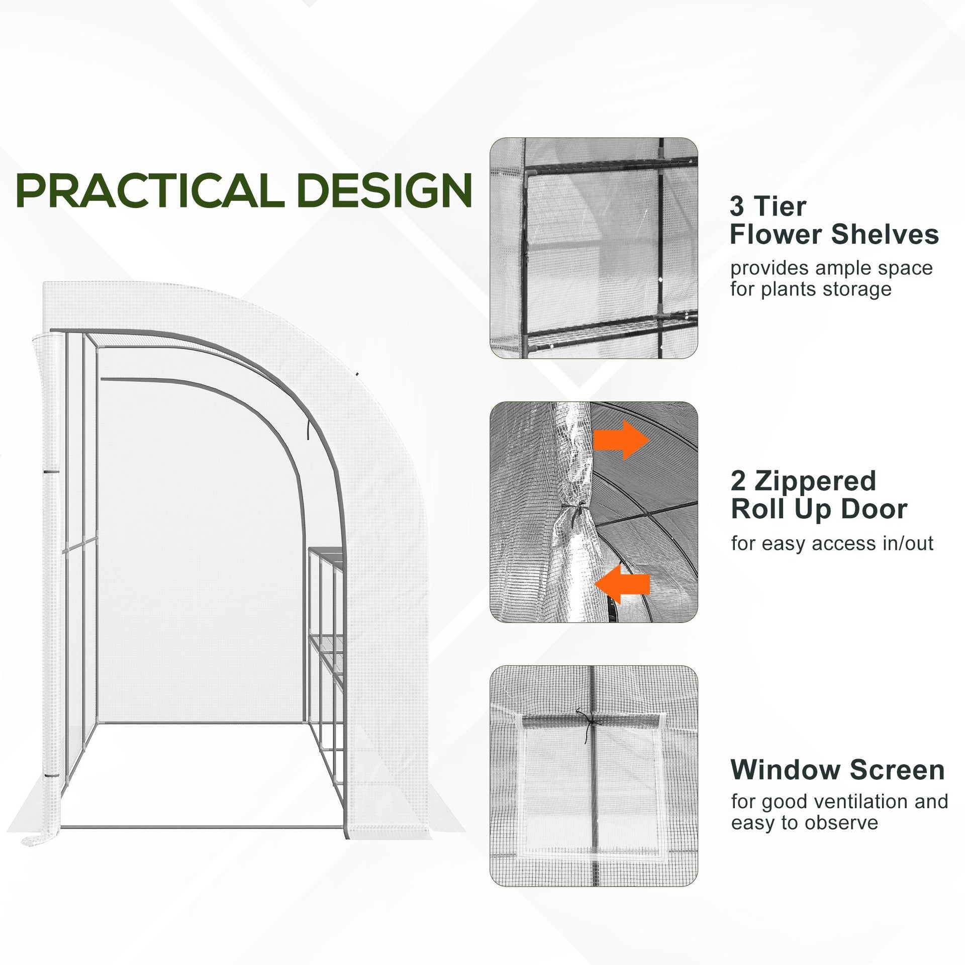 Outsunny 10' x 5' x 7' Outdoor Walk-In Greenhouse, Plant Nursery with Zippered Doors, PE Cover and 3 Wire Shelves, White