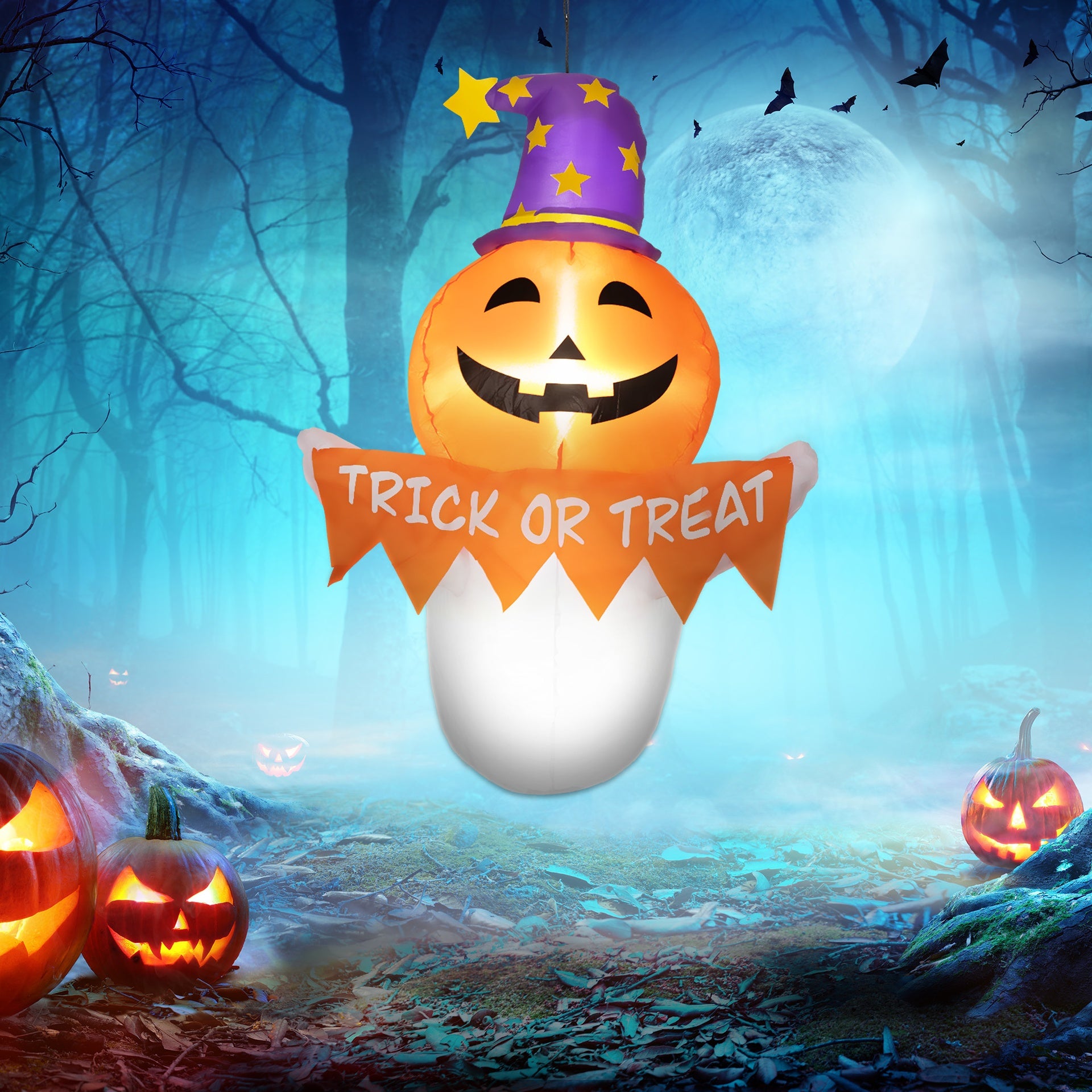 Outsunny 3.4ft Inflatable Halloween Window Sticker Ghost with Orange Face, Blow Up LED  Display for Garden Indoor Outdoor