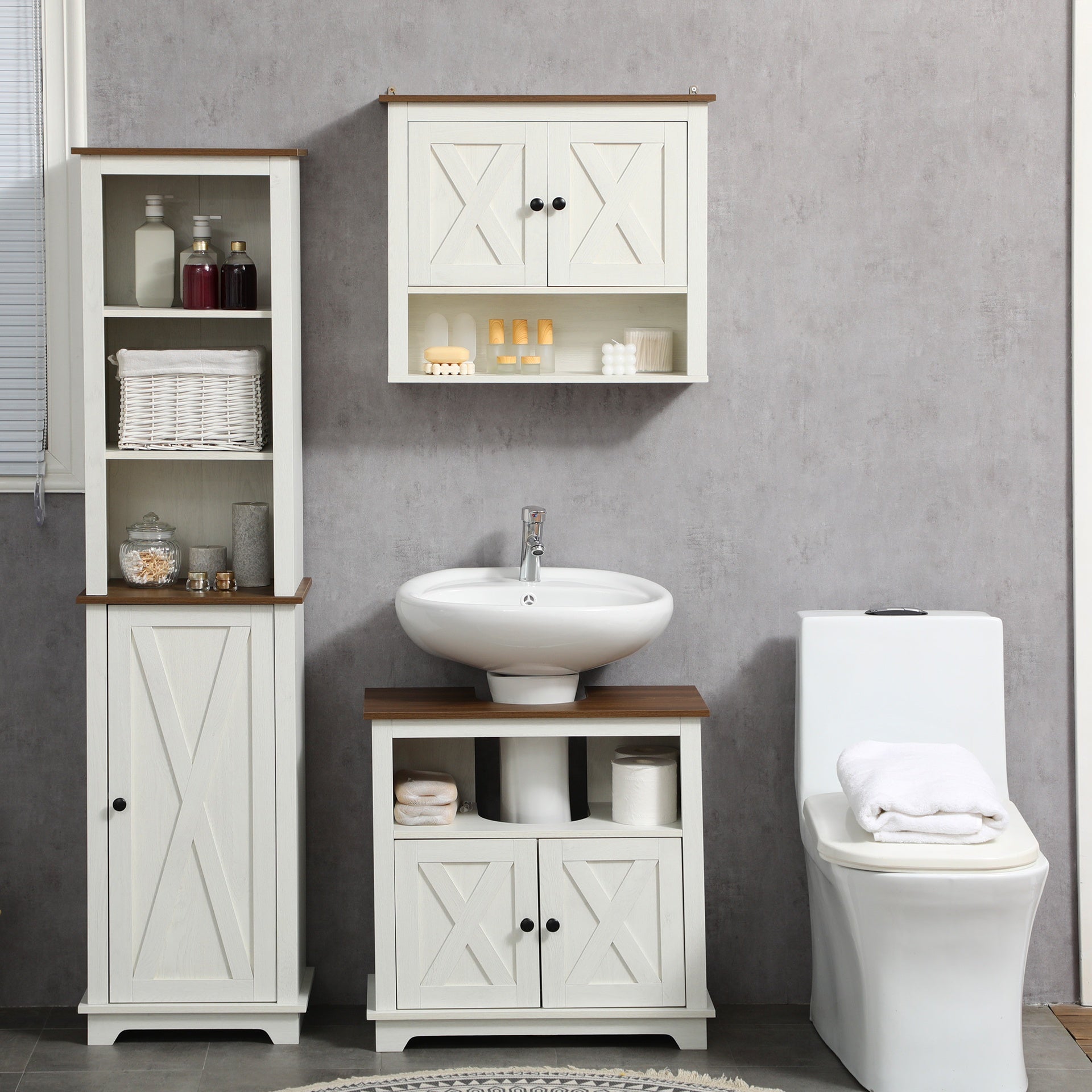 kleankin Modern Farmhouse Bathroom Sink Cabinet, Pedestal Sink Storage Cabinet with Double Doors and Shelves, White