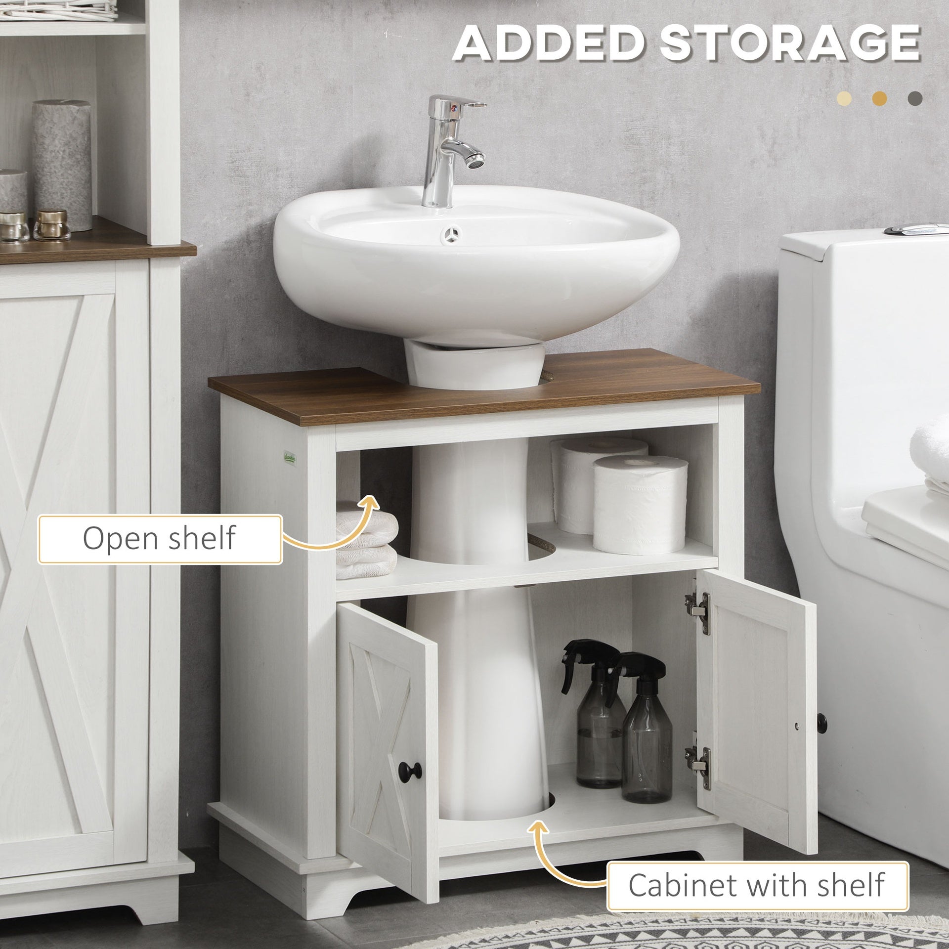 kleankin Modern Farmhouse Bathroom Sink Cabinet, Pedestal Sink Storage Cabinet with Double Doors and Shelves, White