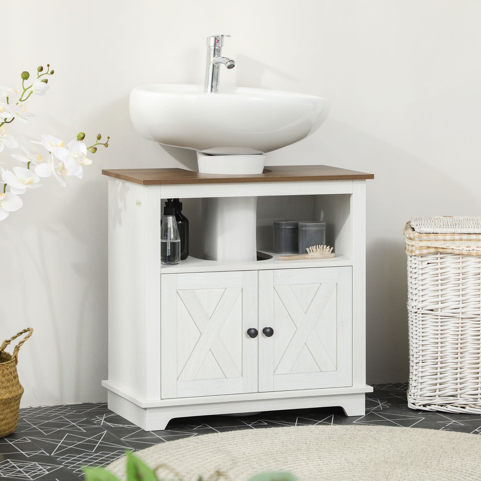 kleankin Modern Farmhouse Bathroom Sink Cabinet, Pedestal Sink Storage Cabinet with Double Doors and Shelves, White