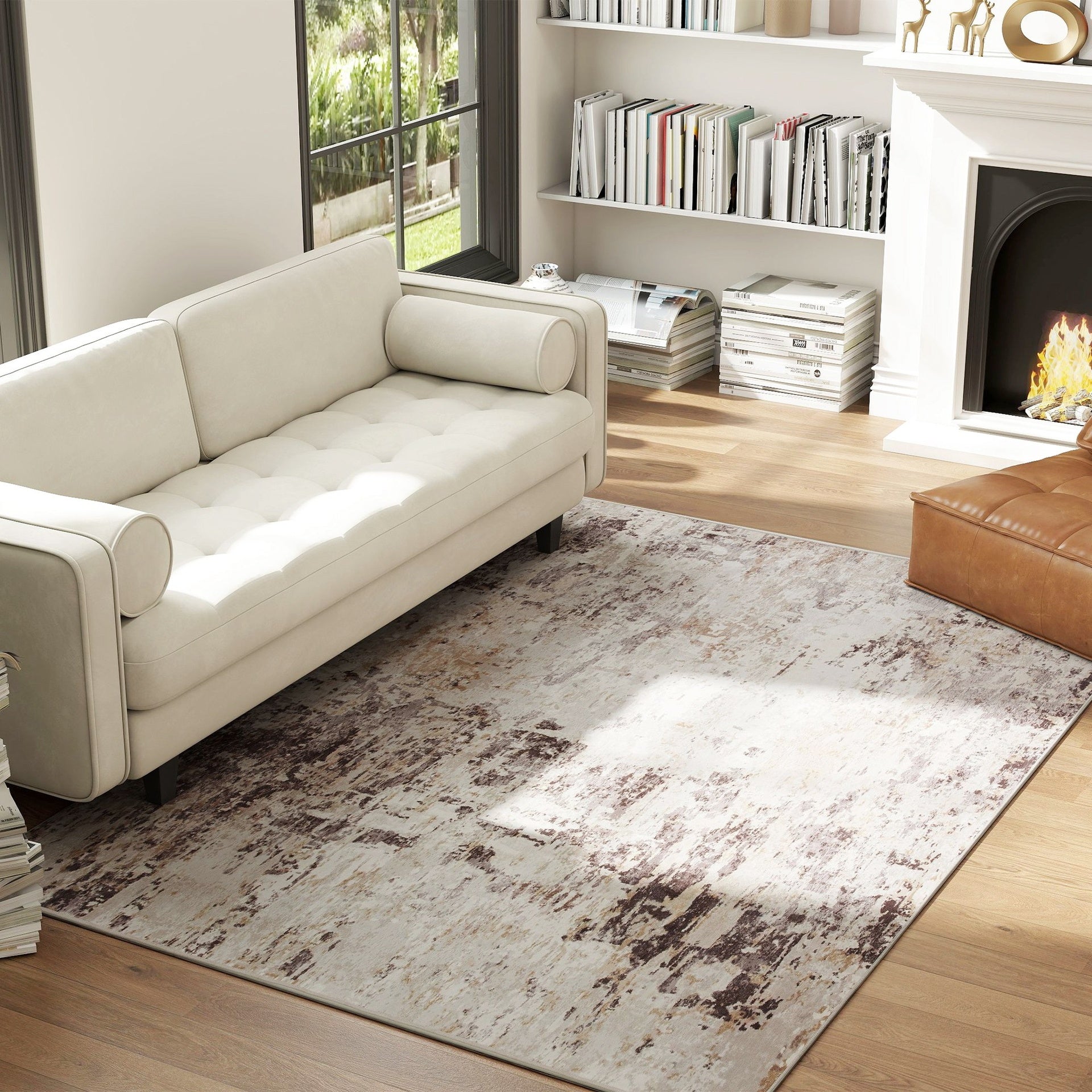 HOMCOM Machine Washable Area Rug 4x6, Non-Slip Modern Abstract Floor Carpet for Living Room, Bedroom, Dining Room, Mixed-Brown