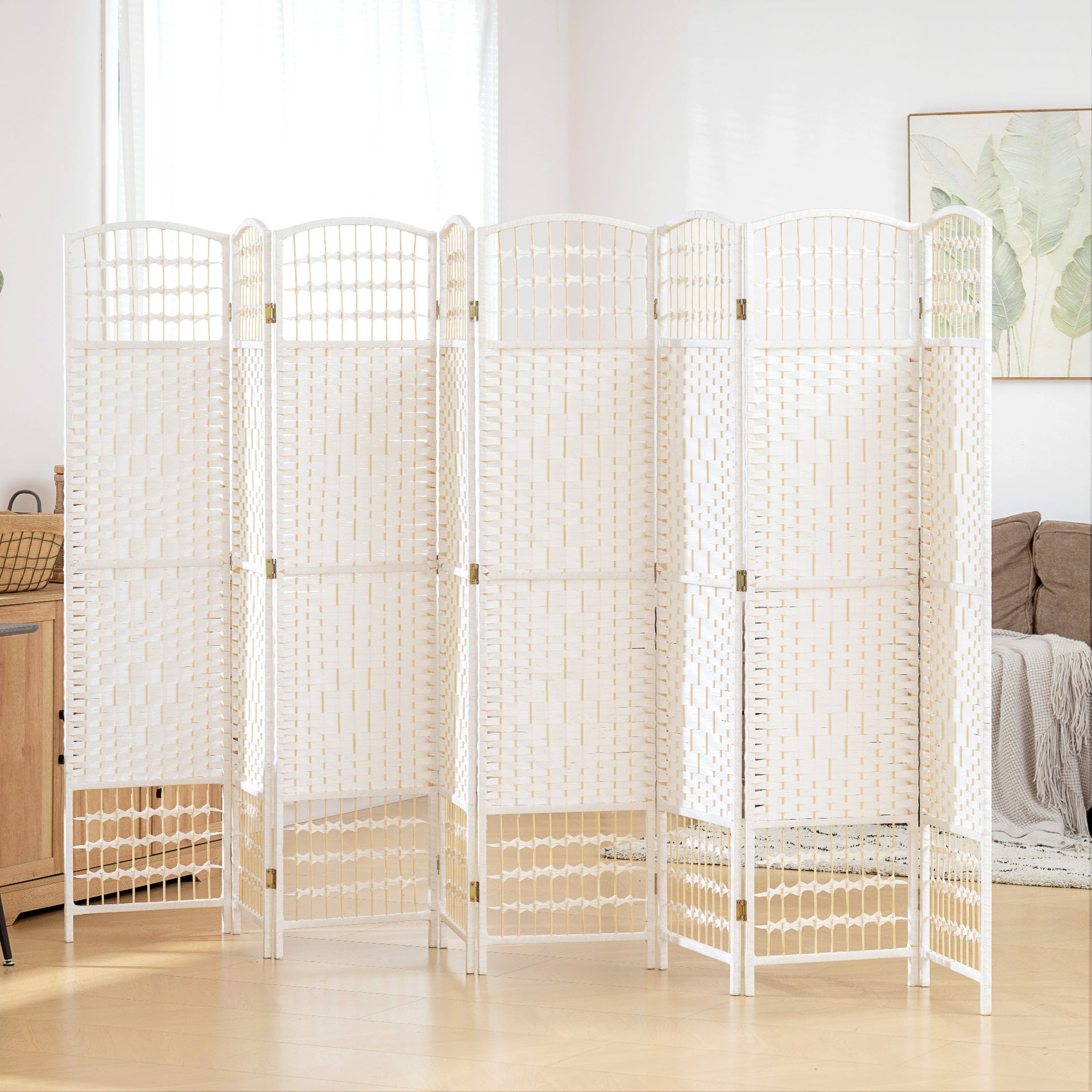 HOMCOM 8 Panel Folding Room Divider Portable Privacy Screen Wave Fiber Room Partition for Home Office White