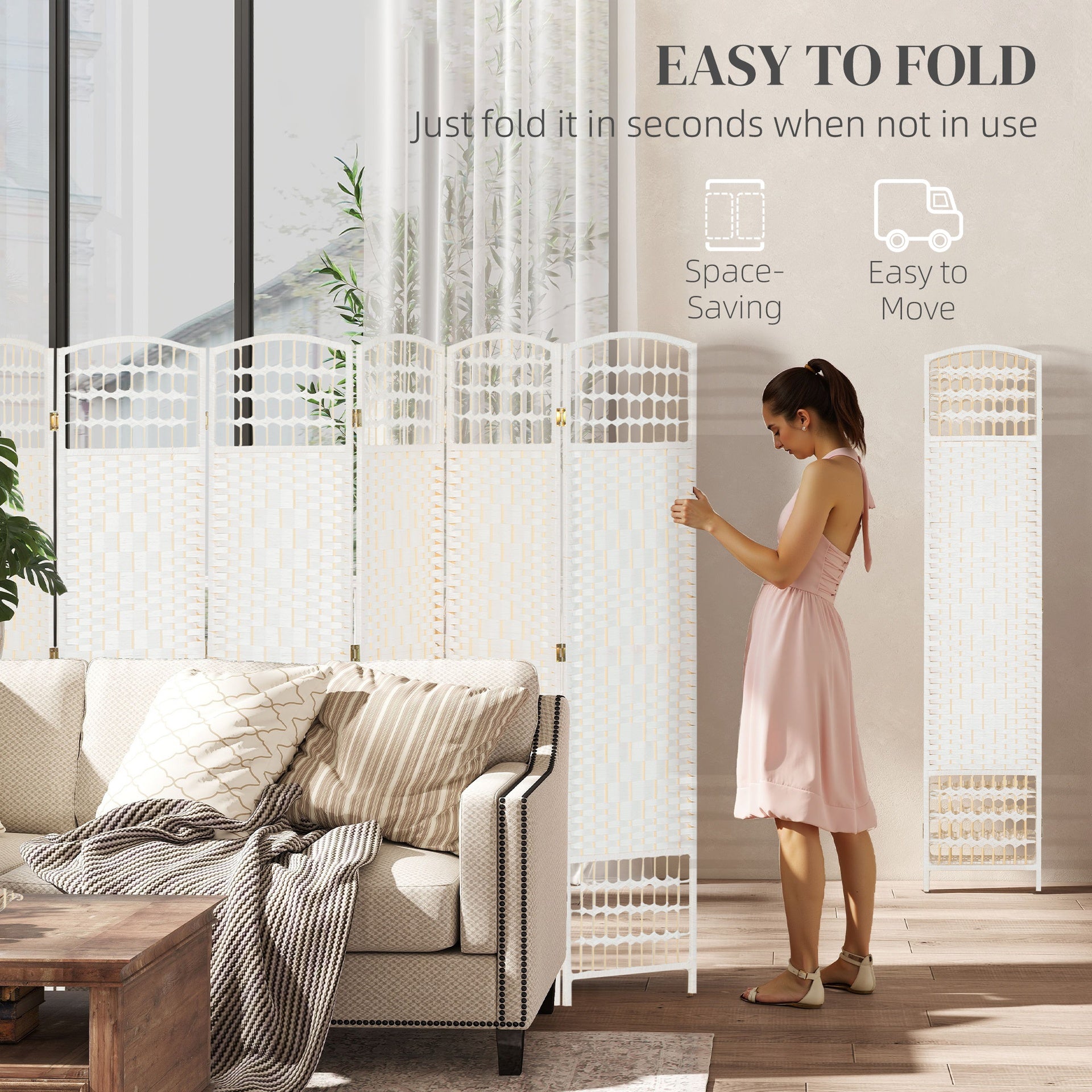 HOMCOM 8 Panel Folding Room Divider Portable Privacy Screen Wave Fiber Room Partition for Home Office White