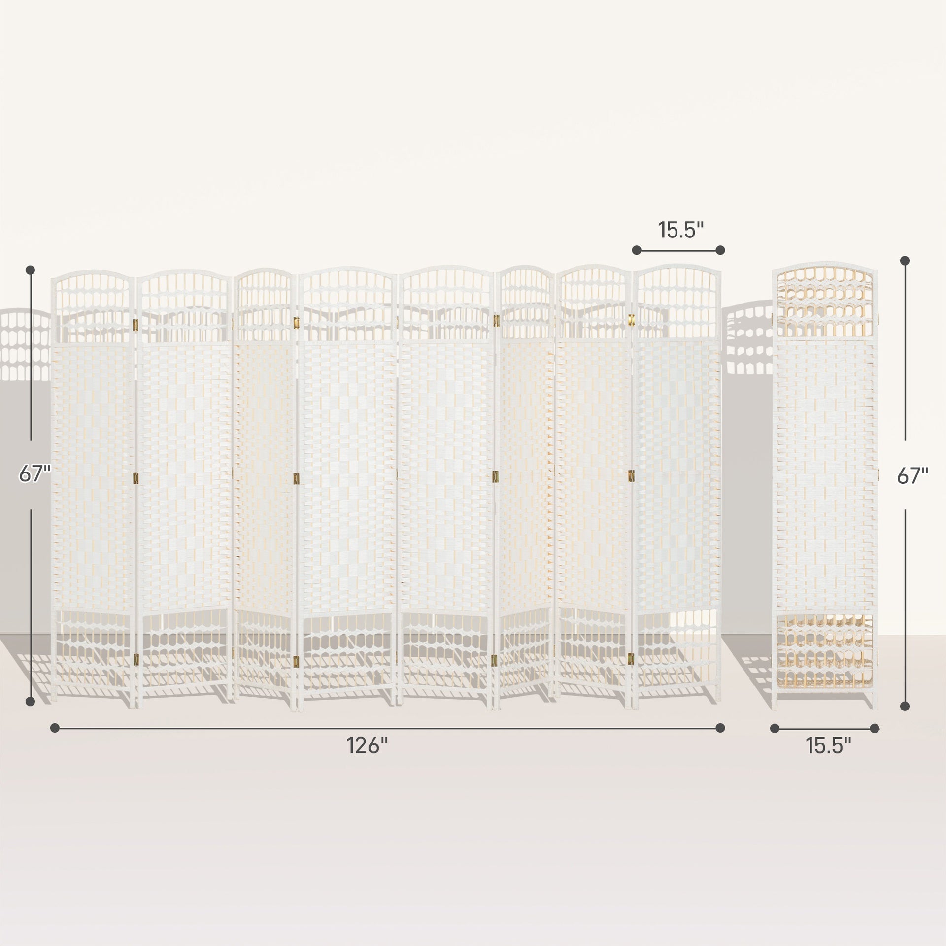 HOMCOM 8 Panel Folding Room Divider Portable Privacy Screen Wave Fiber Room Partition for Home Office White