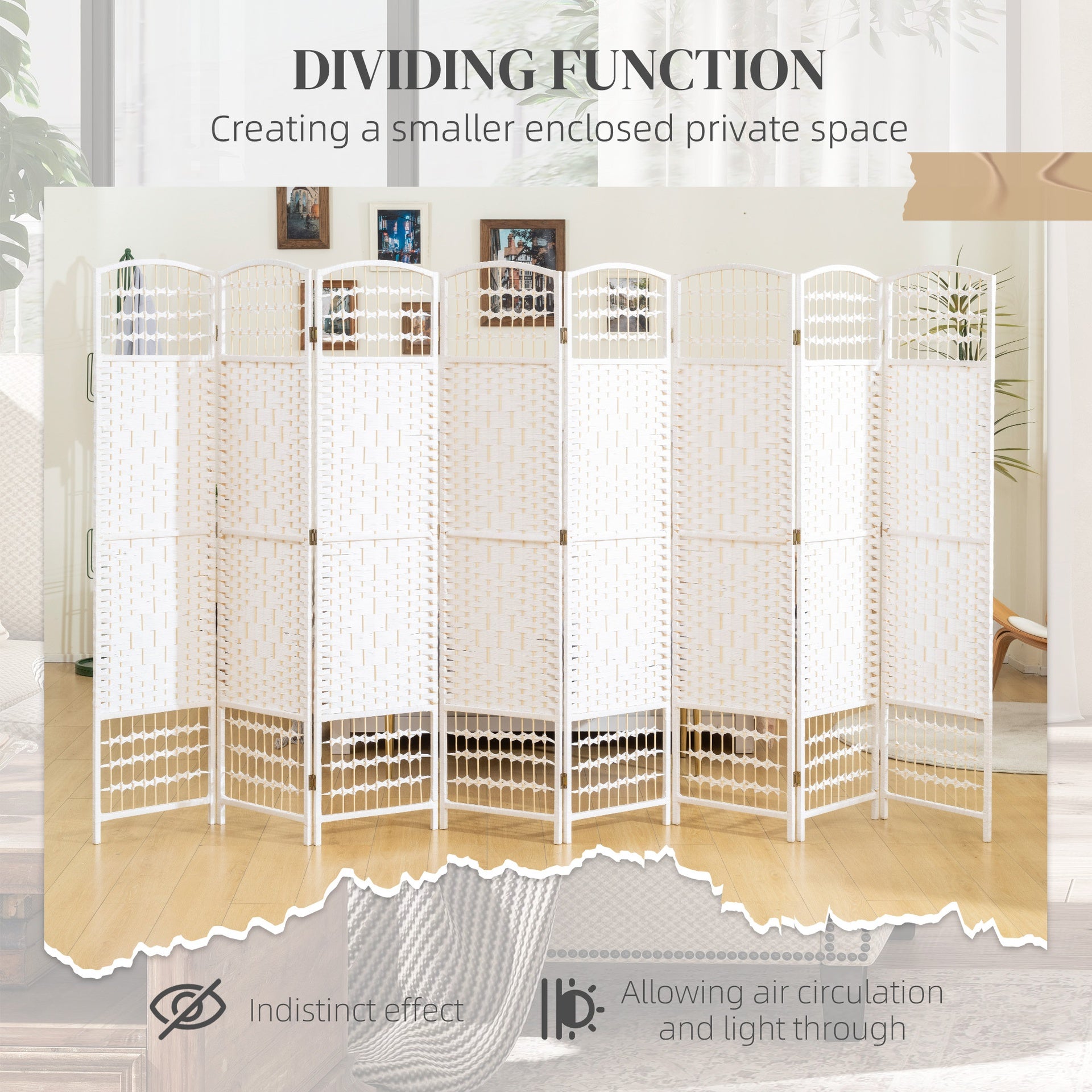 HOMCOM 8 Panel Folding Room Divider Portable Privacy Screen Wave Fiber Room Partition for Home Office White