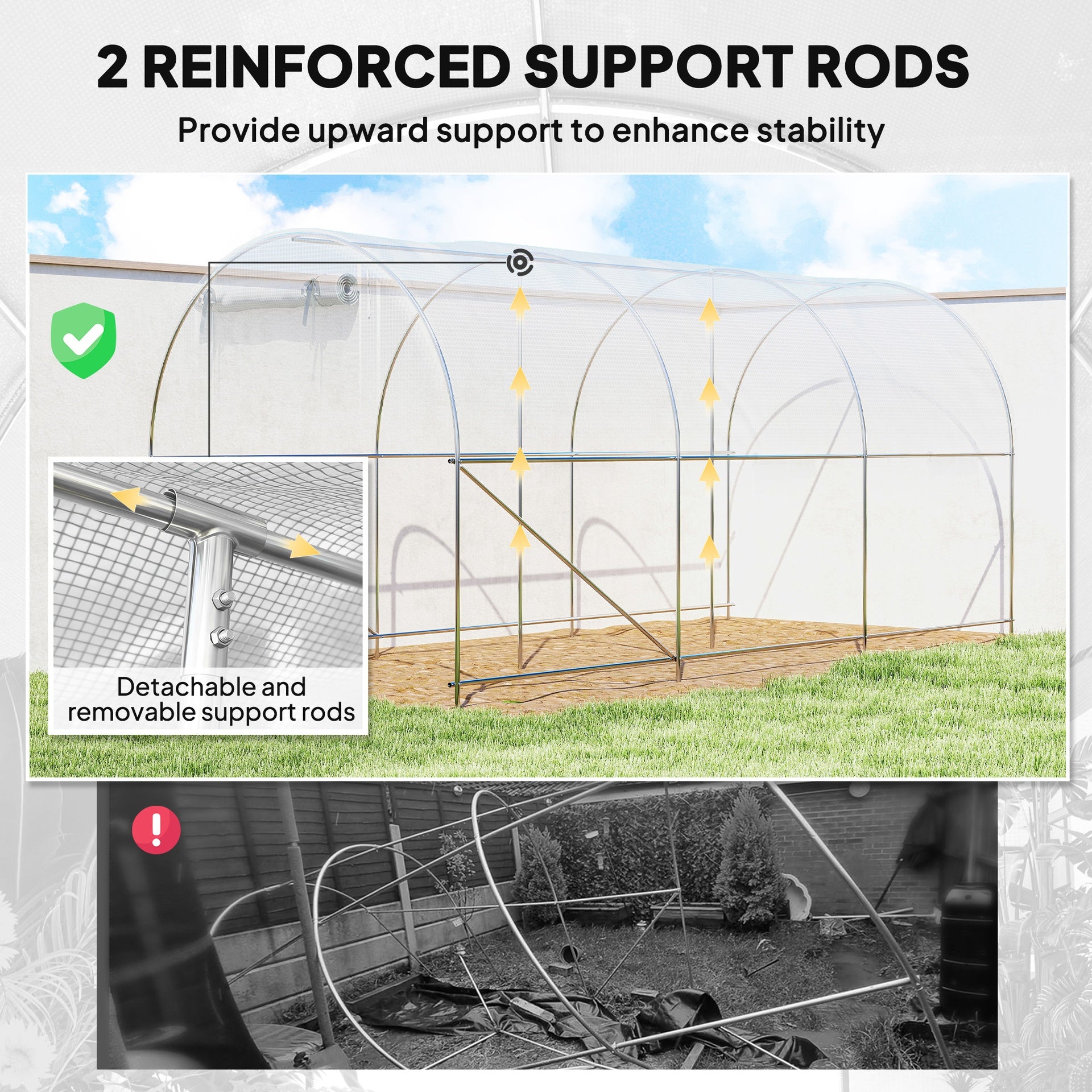 Outsunny Hoop House Greenhouse, Walk-in Tunnel Greenhouse with 2 Support Rods, Zippered Roll-up Mesh Door, 14.6'x6.5'x6.6', White