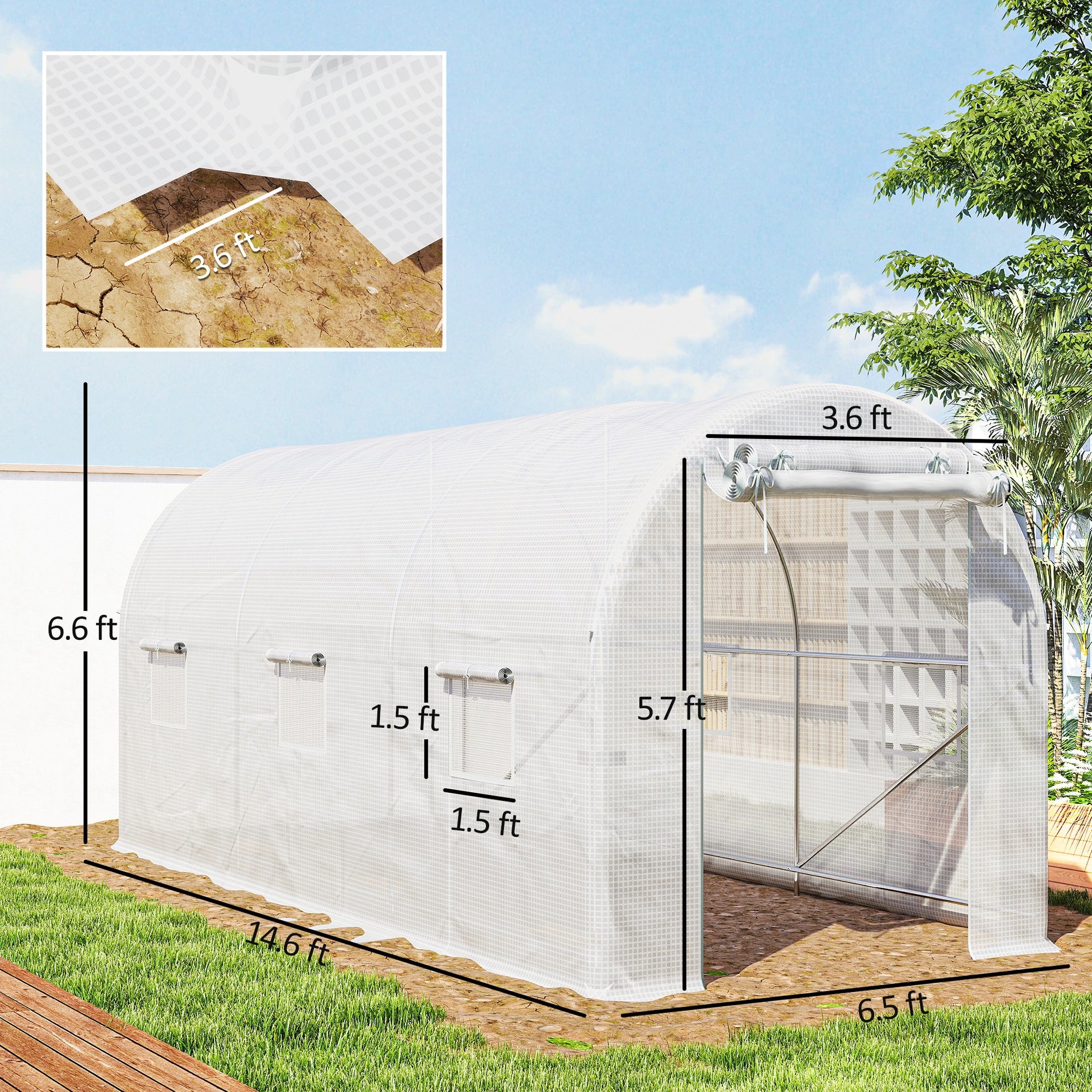Outsunny Hoop House Greenhouse, Walk-in Tunnel Greenhouse with 2 Support Rods, Zippered Roll-up Mesh Door, 14.6'x6.5'x6.6', White
