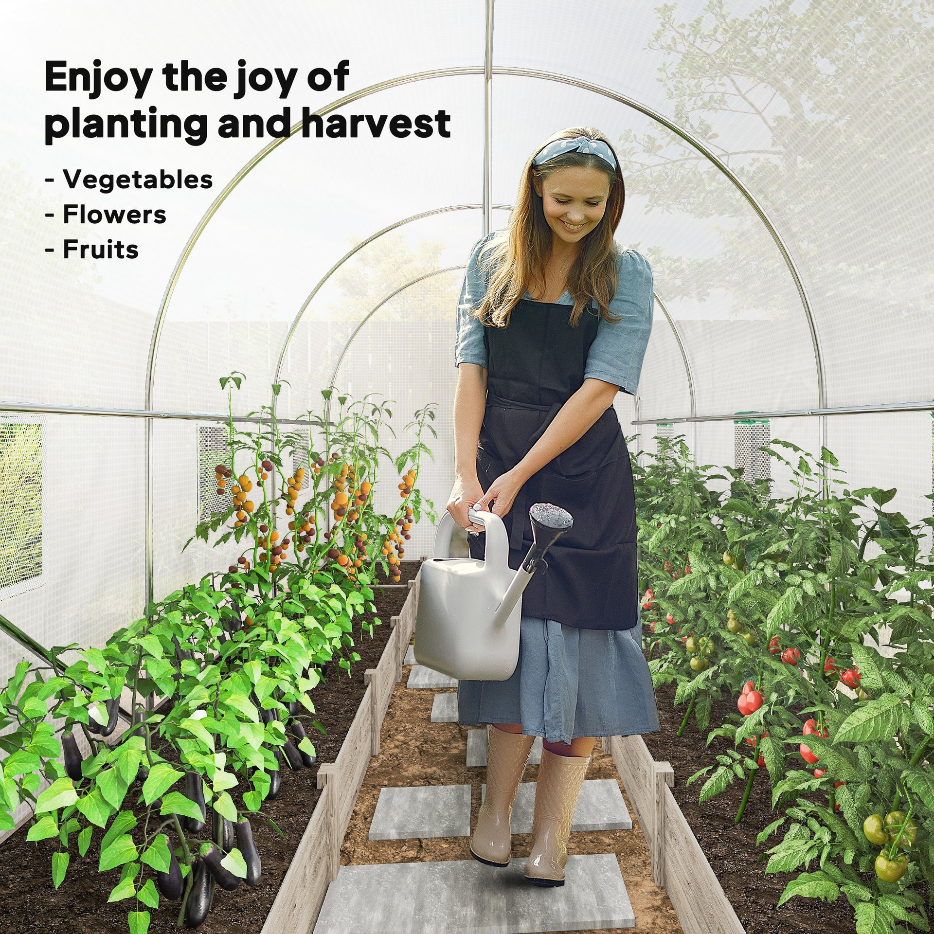 Outsunny Hoop House Greenhouse, Walk-in Tunnel Greenhouse with 2 Support Rods, Zippered Roll-up Mesh Door, 14.6'x6.5'x6.6', White