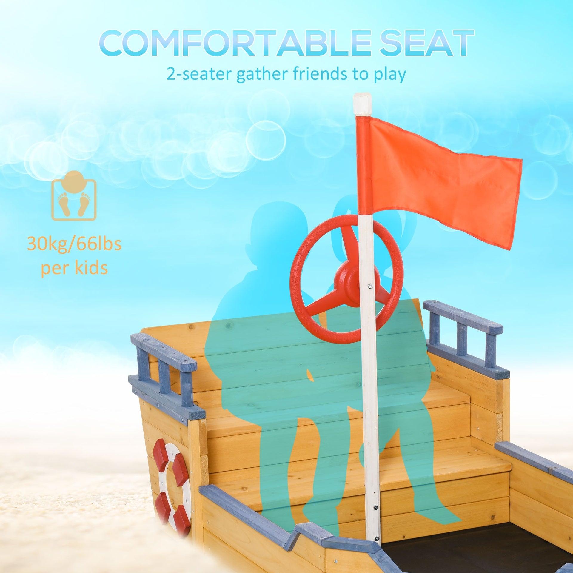 Outsunny Kids Wooden Sandbox Pirate Ship Sandboat w/ Bench Seat Storage Space Ceder Wood