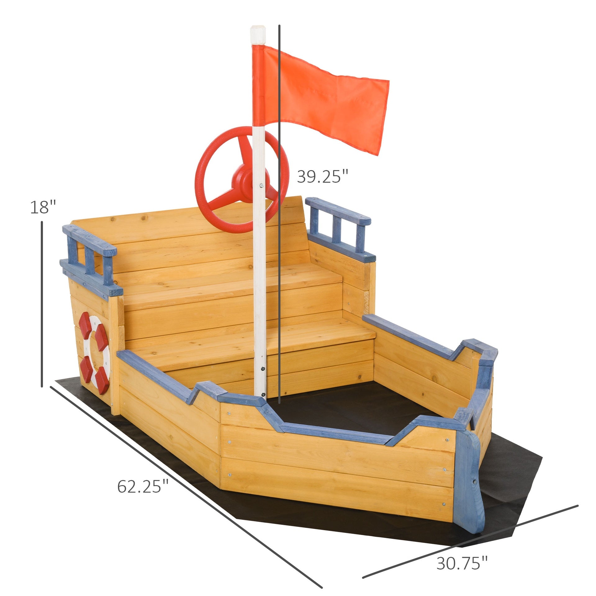 Outsunny Kids Wooden Sandbox Pirate Ship Sandboat w/ Bench Seat Storage Space Ceder Wood