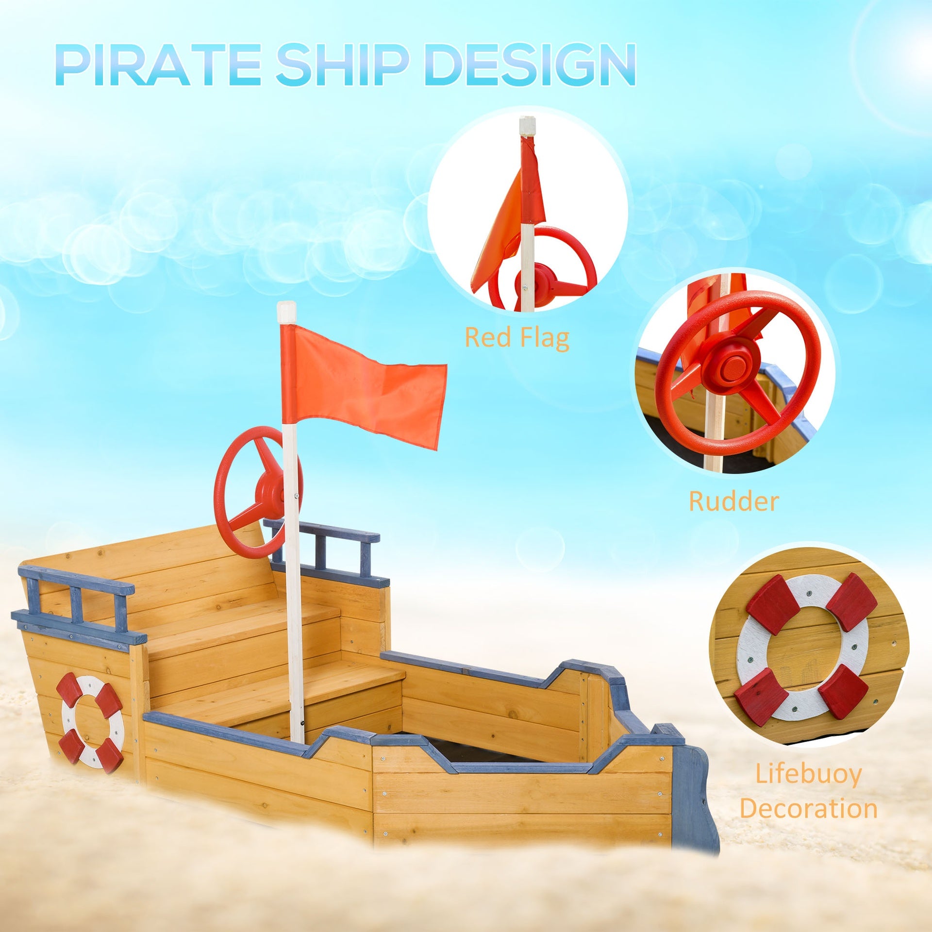 Outsunny Kids Wooden Sandbox Pirate Ship Sandboat w/ Bench Seat Storage Space Ceder Wood
