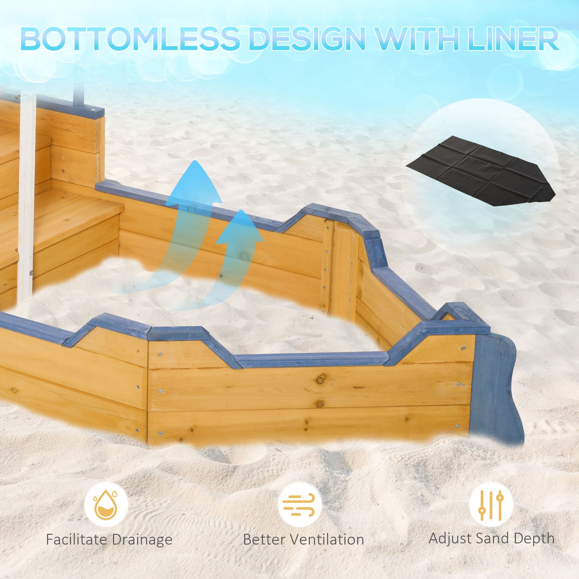 Outsunny Kids Wooden Sandbox Pirate Ship Sandboat w/ Bench Seat Storage Space Ceder Wood
