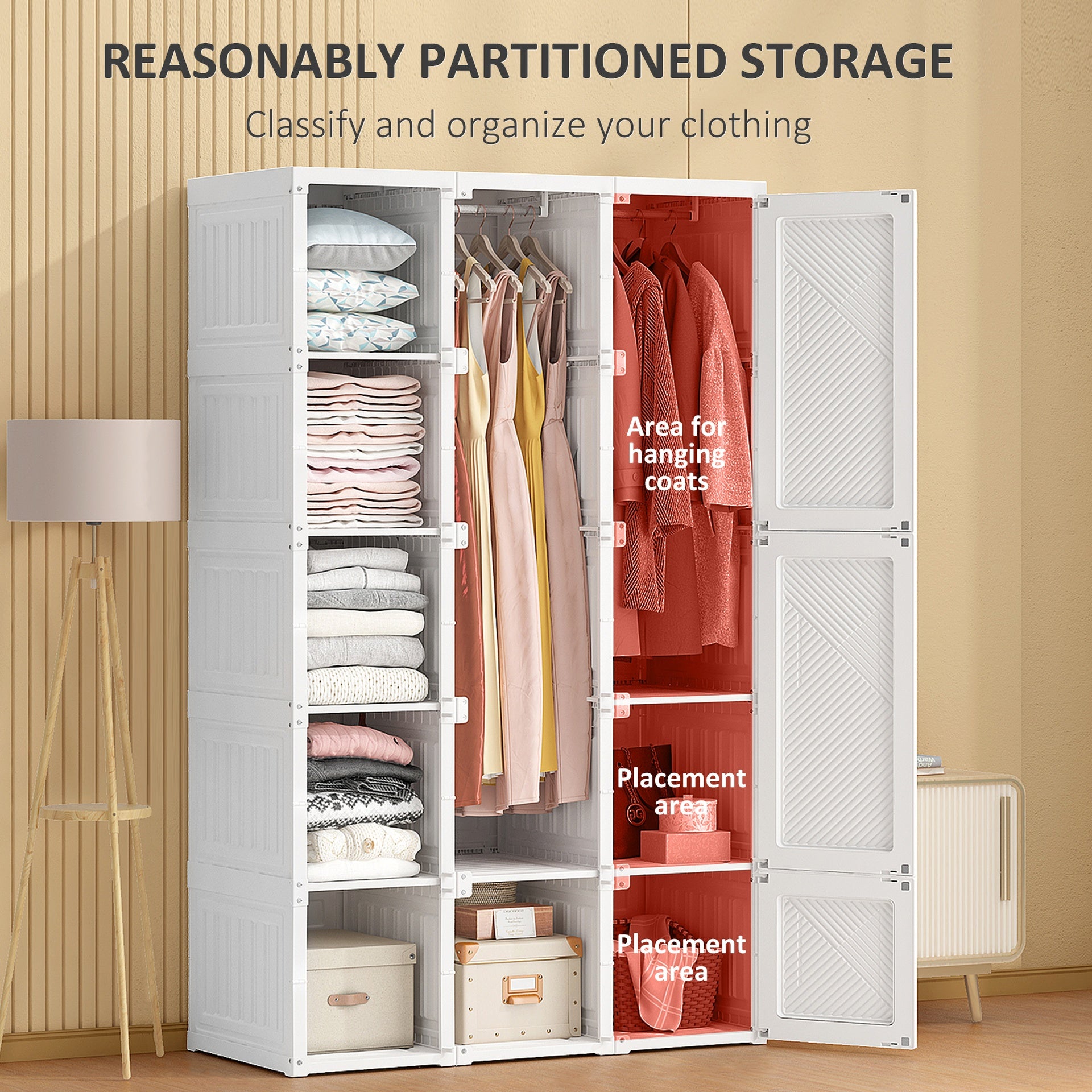 HOMCOM Portable Wardrobe Closet, Folding Clothes Storage Organizer with 8 Cube Compartments, 2 Hanging Rods, 11 Magnet Doors, White