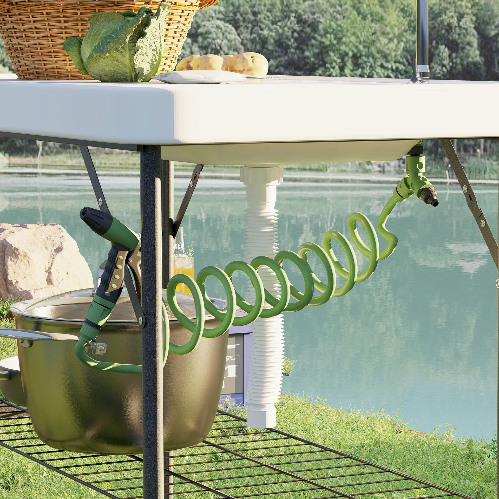 Outsunny Folding Fish Cleaning Table with Sink, Portable Camping Table with Faucet, Drainage Hose, Sprayer and Shelf, White