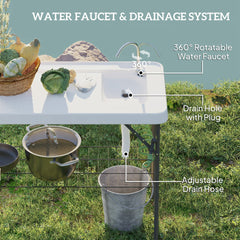 Outsunny Folding Fish Cleaning Table with Sink, Portable Camping Table with Faucet, Drainage Hose, Sprayer and Shelf, White